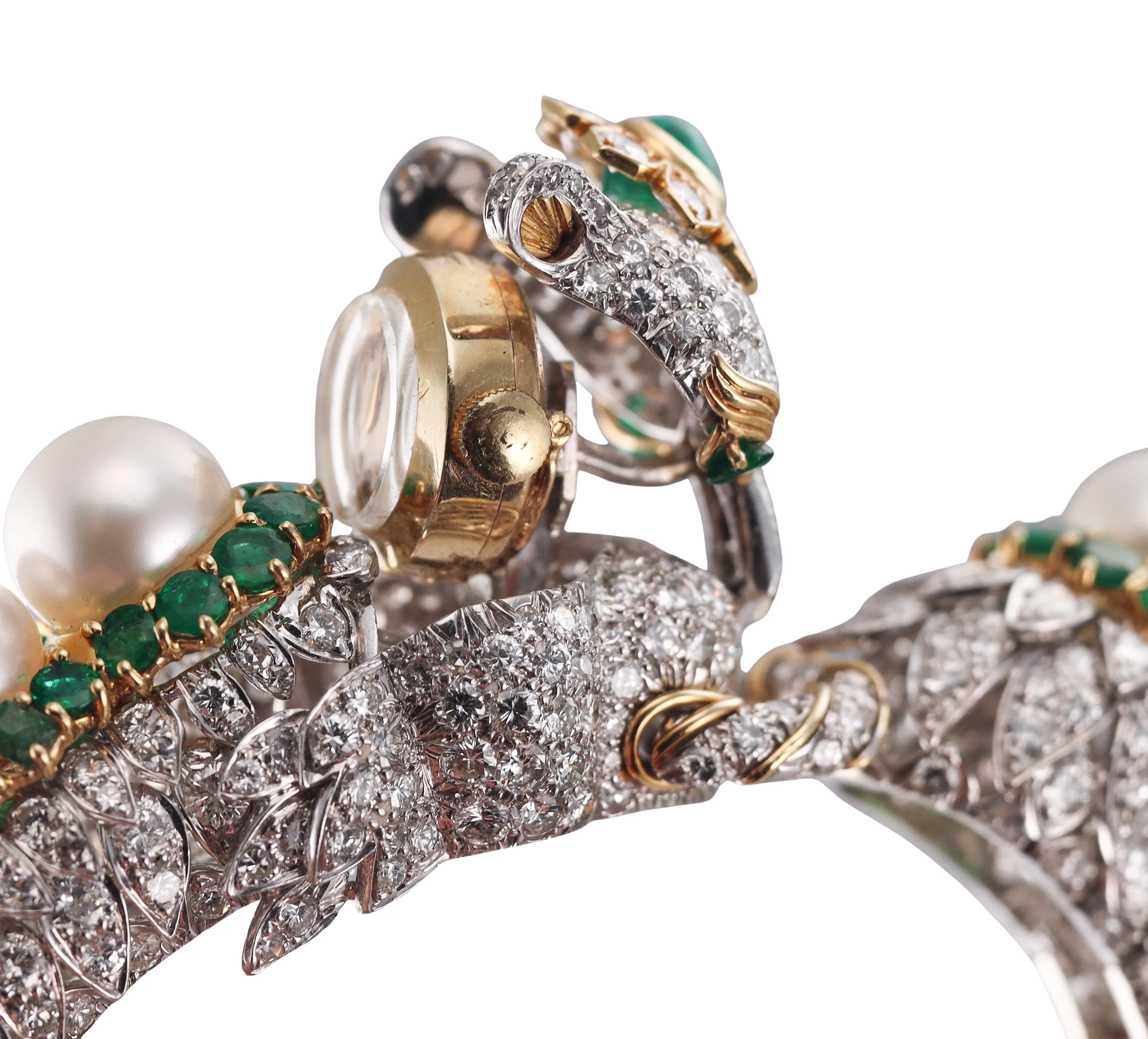 David Webb 27 Carat Diamond Emerald Pearl Gold Platinum Panther Bracelet Watch