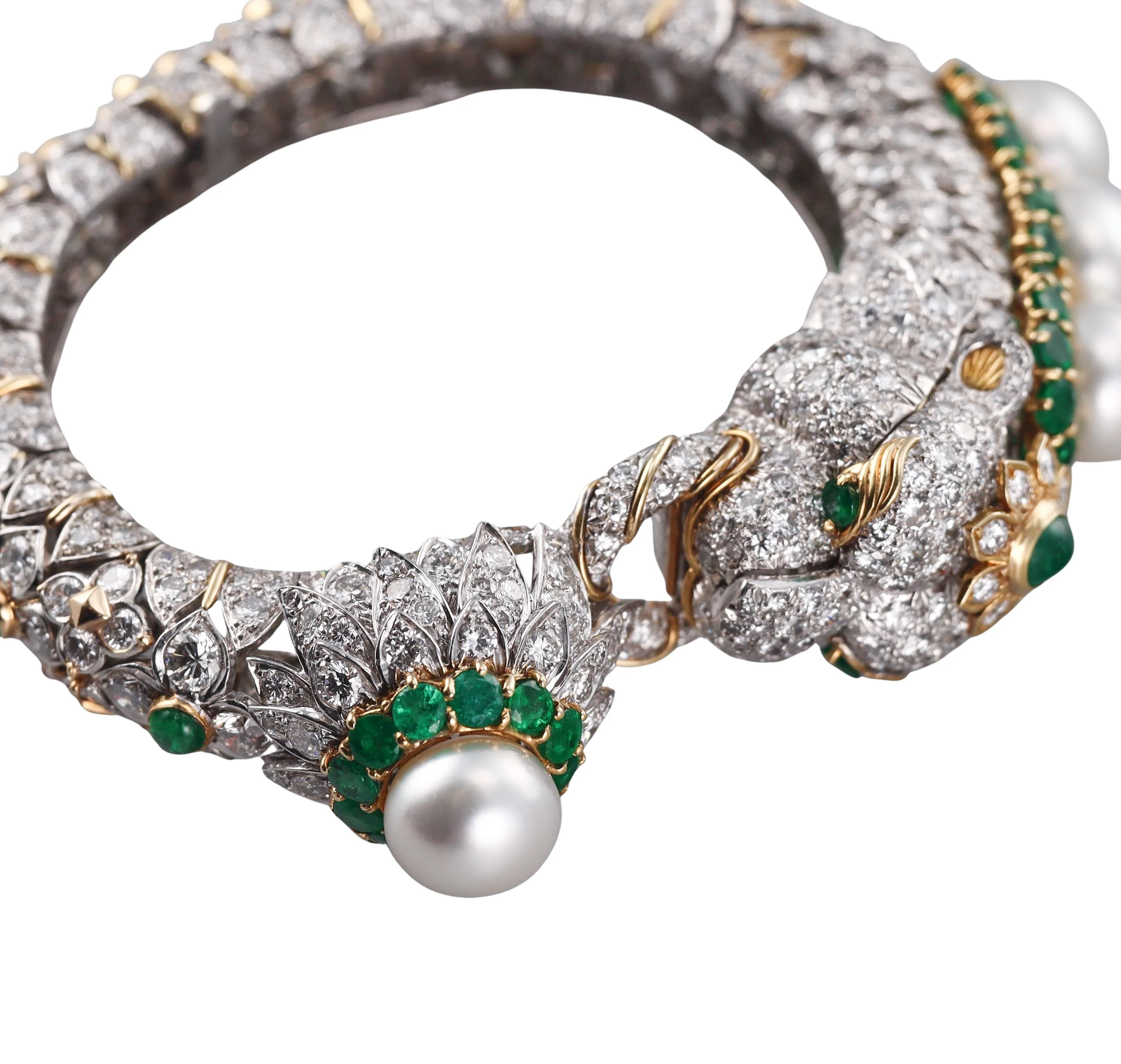 David Webb 27 Carat Diamond Emerald Pearl Gold Platinum Panther Bracelet Watch