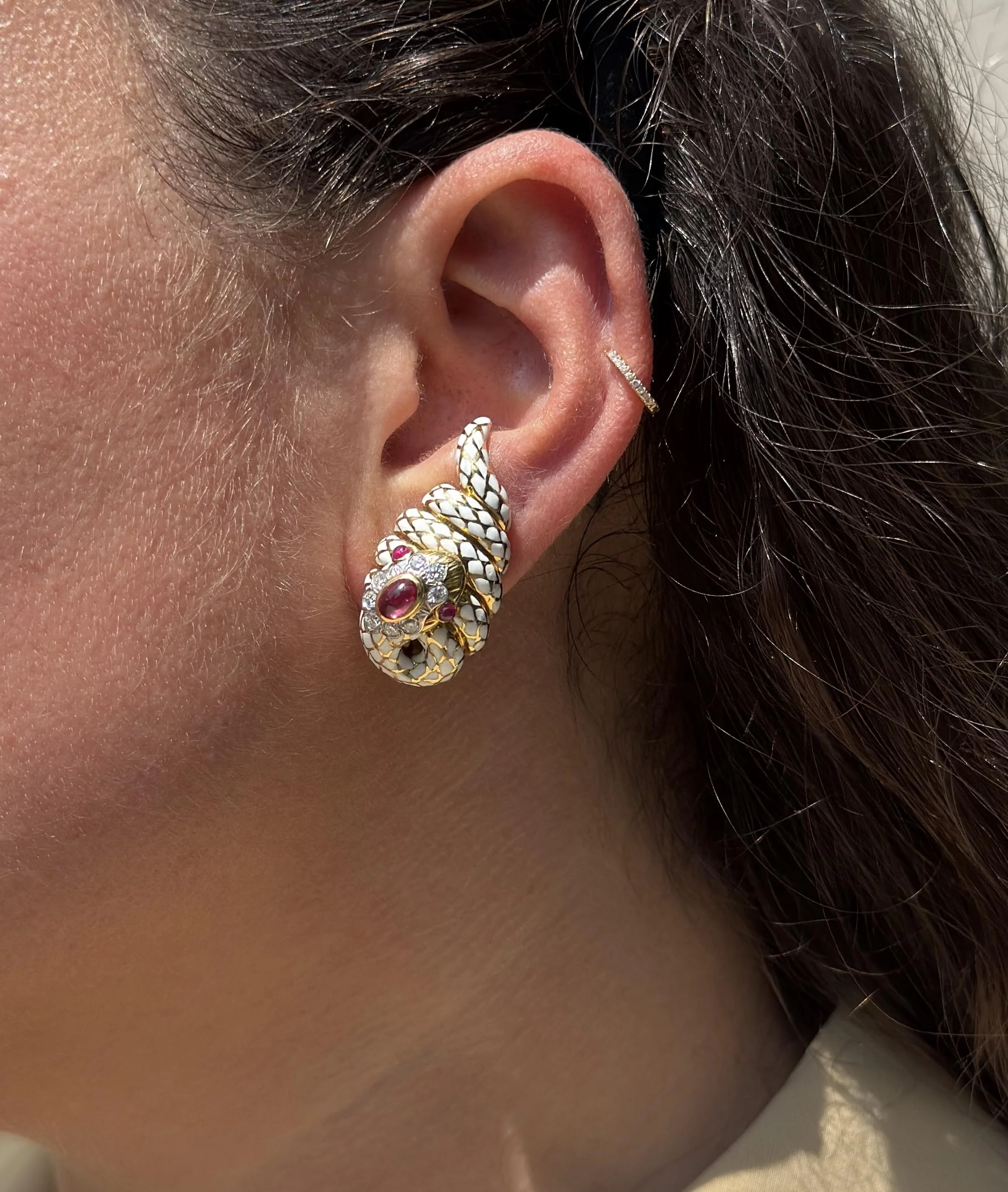 David Webb Coiled Snake Enamel Diamond Ruby Gold Platinum Earrings