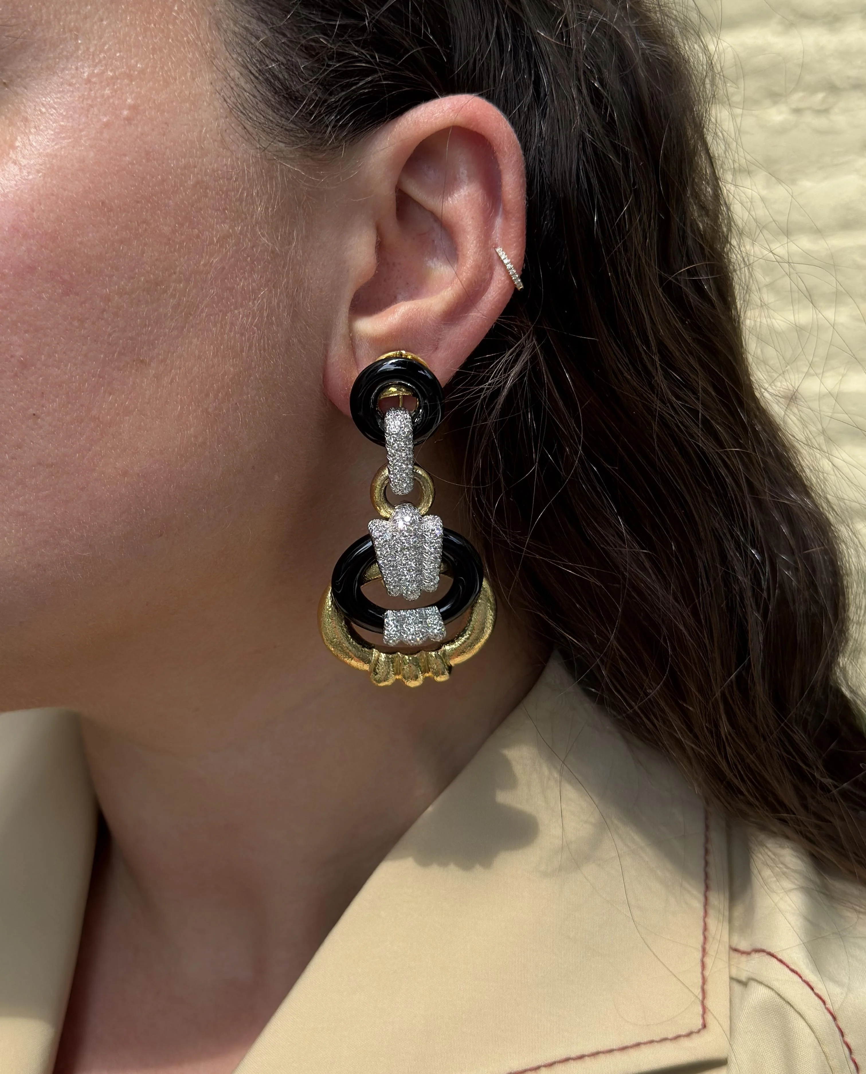 David Webb Creole Hoop Diamond Onyx Gold Platinum Earrings