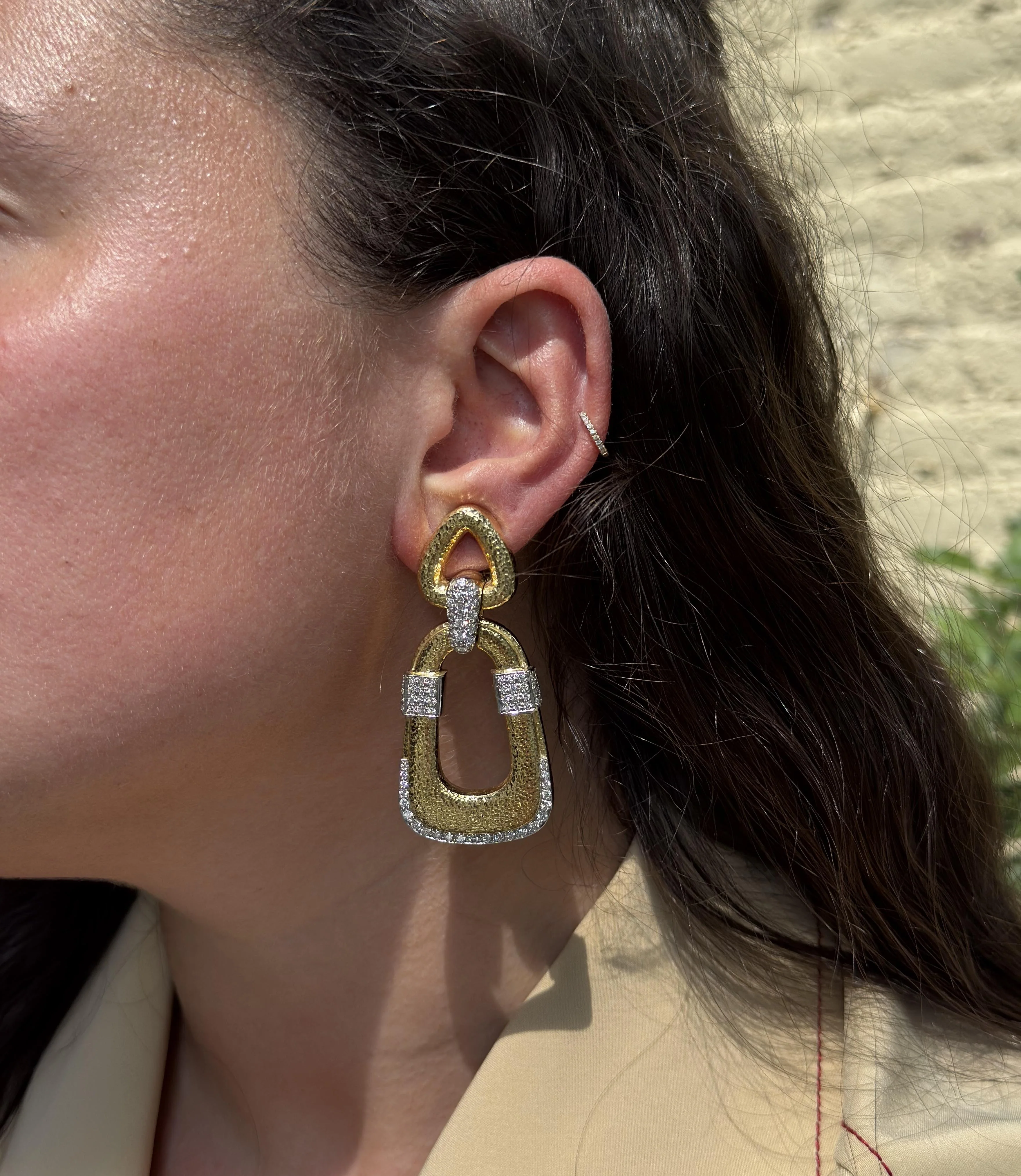 David Webb Plaza Diamond Gold Platinum Doorknocker Earrings