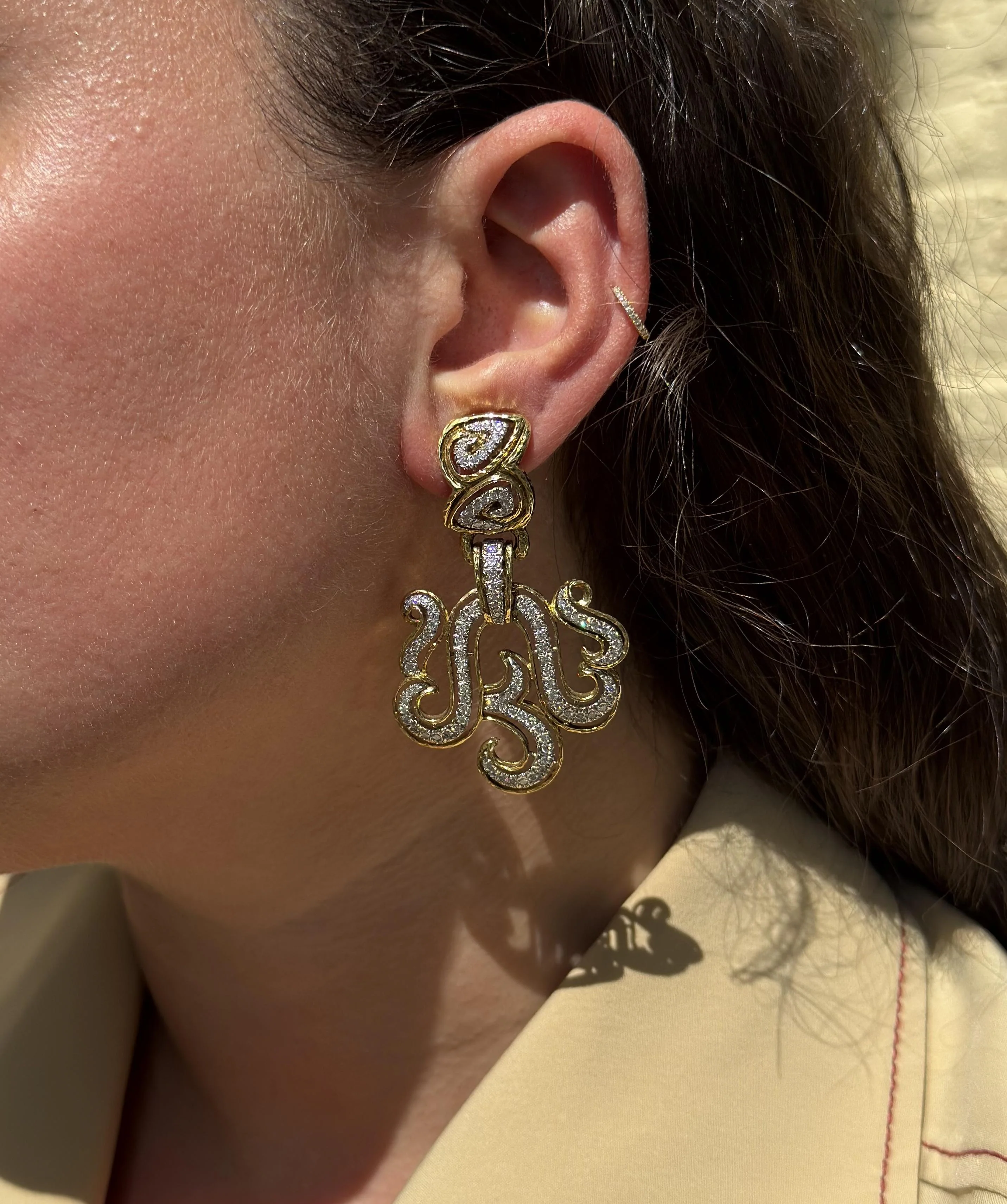 David Webb Ancient World Diamond Gold Platinum Scroll Earrings