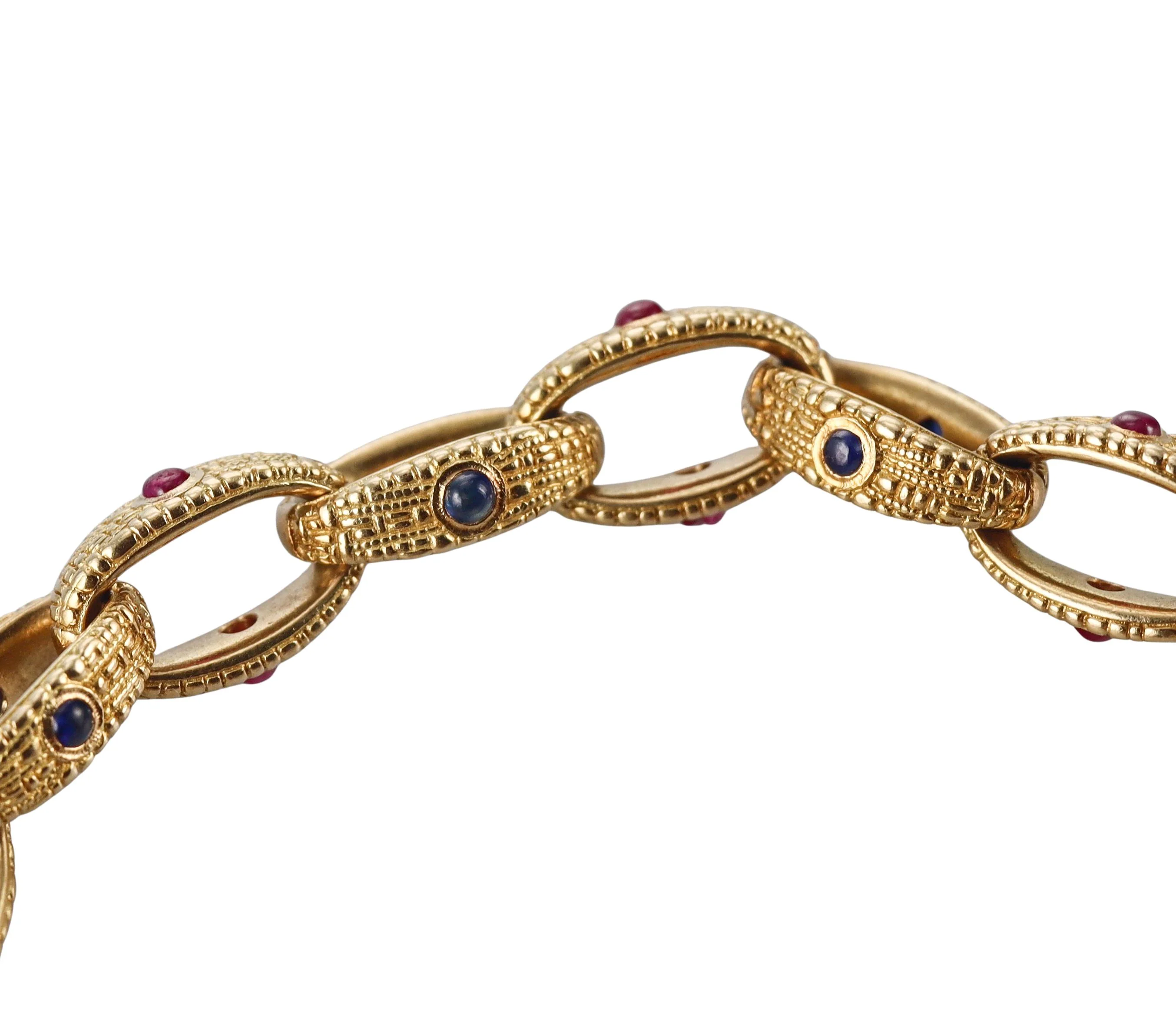 Alex Sepkus Vintage Sapphire Ruby Gold Oval Link Toggle Bracelet