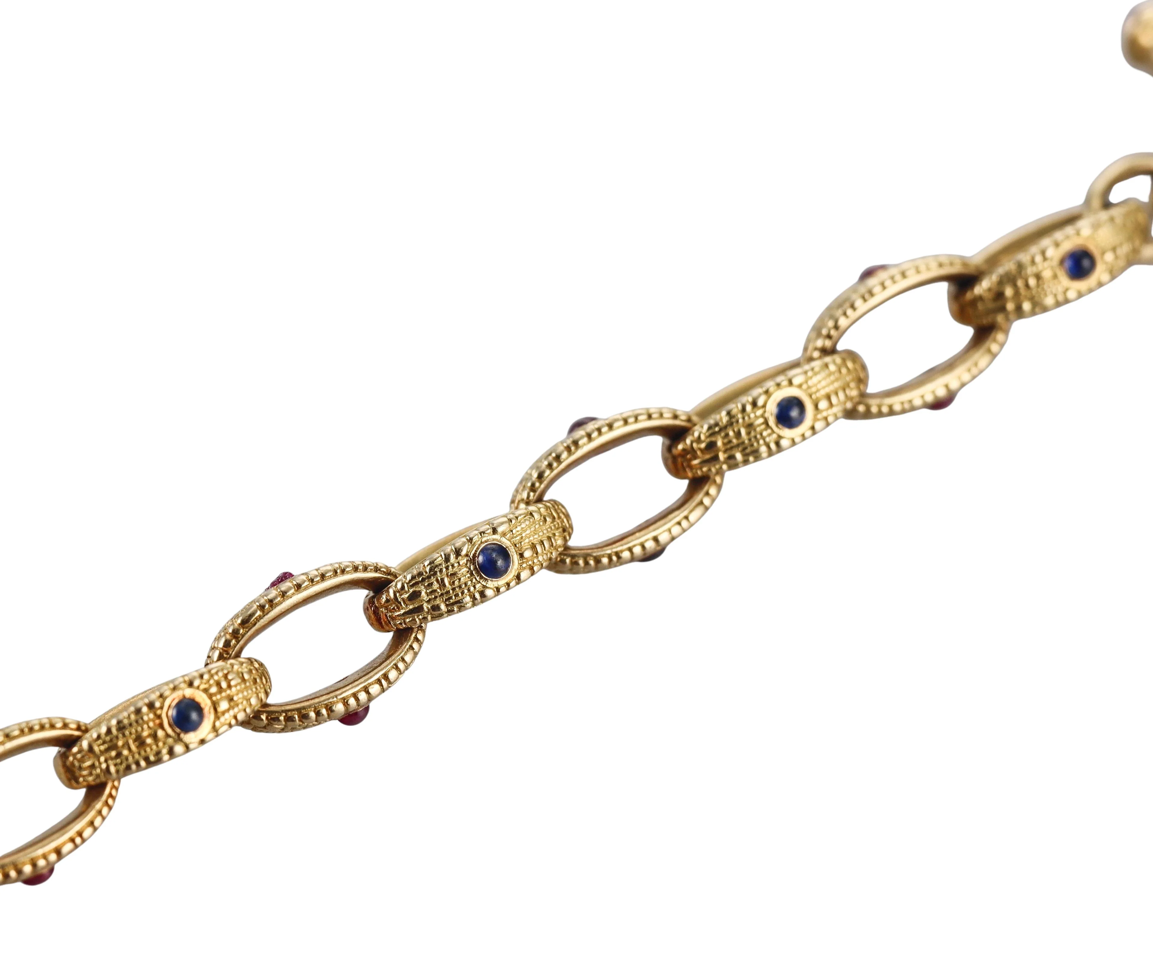 Alex Sepkus Vintage Sapphire Ruby Gold Oval Link Toggle Bracelet