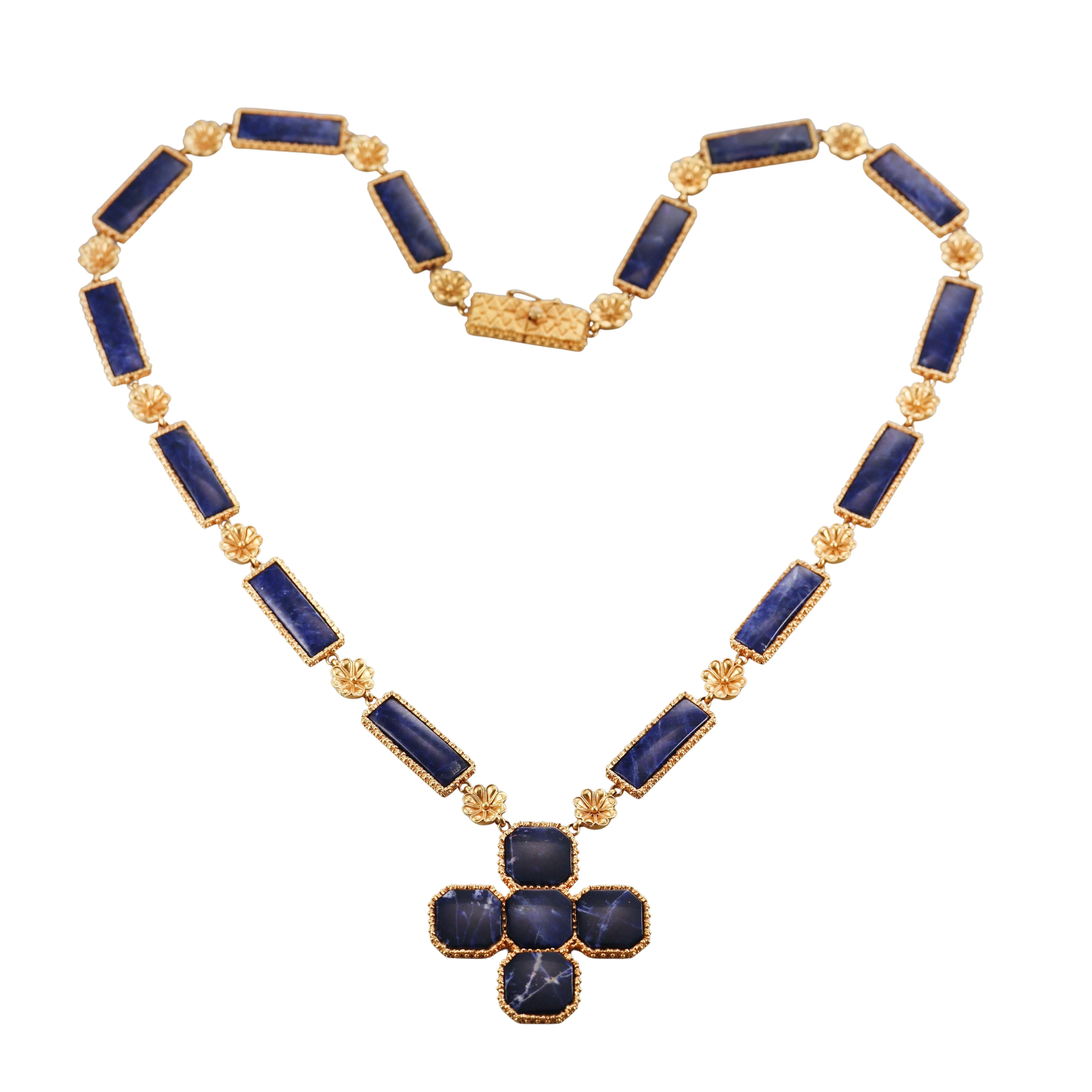 Lalaounis Greece Sodalite Gold Pendant Necklace