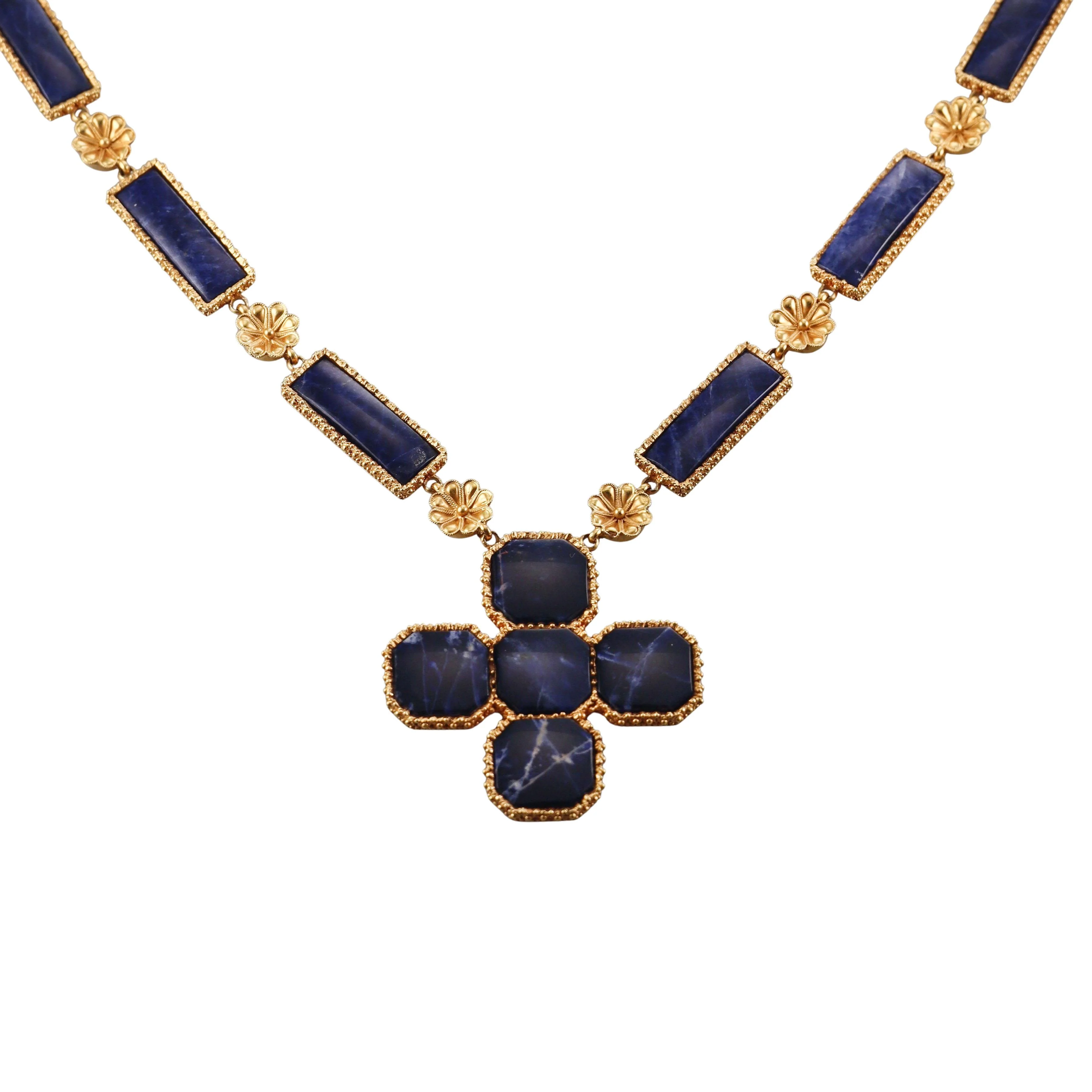 Lalaounis Greece Sodalite Gold Pendant Necklace