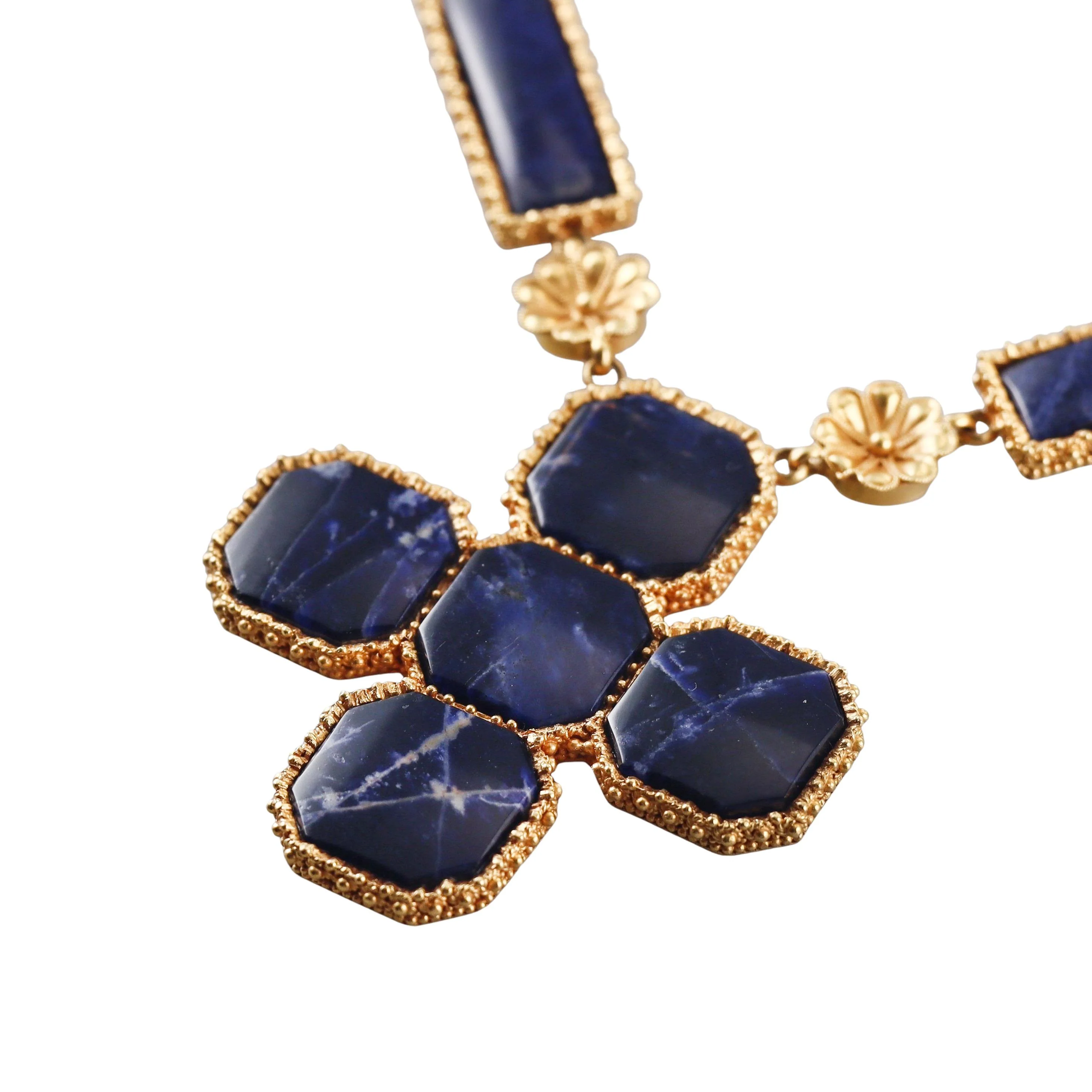 Lalaounis Greece Sodalite Gold Pendant Necklace