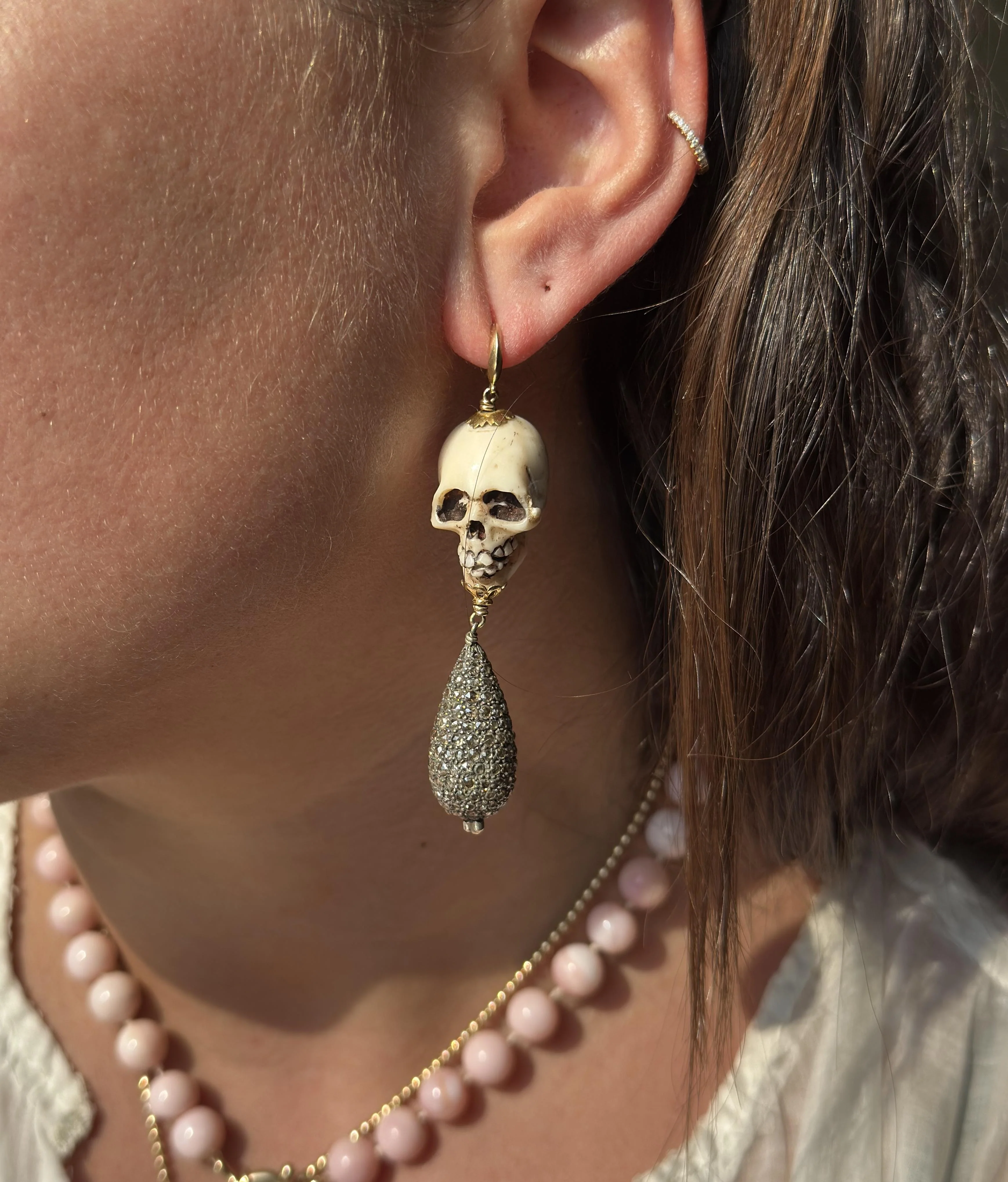 Diamond Gold Silver Skull Drop Earrings