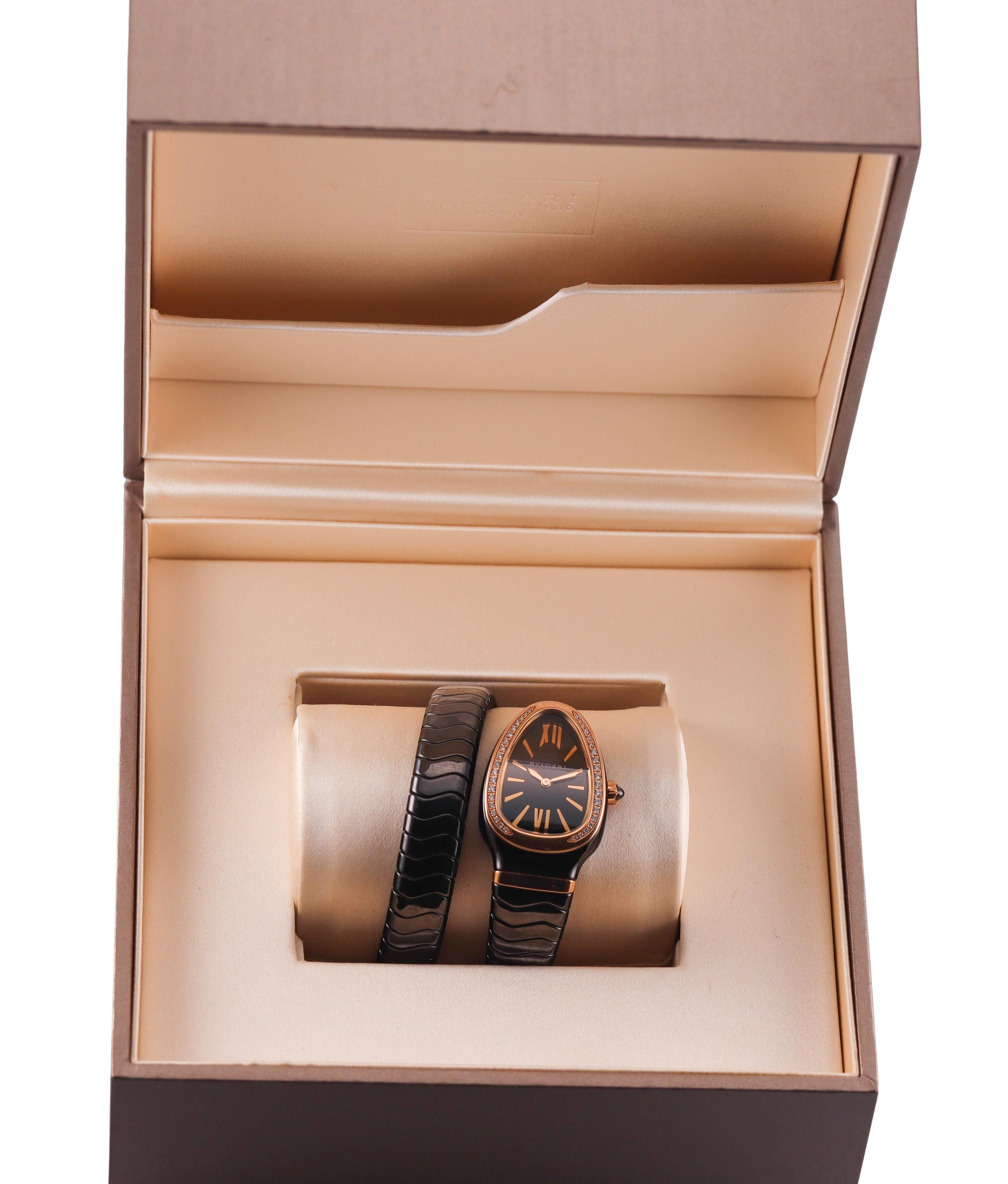 Bulgari Serpenti Spiga Rose Gold Ceramic Diamond Quartz Watch SP C 35 B G