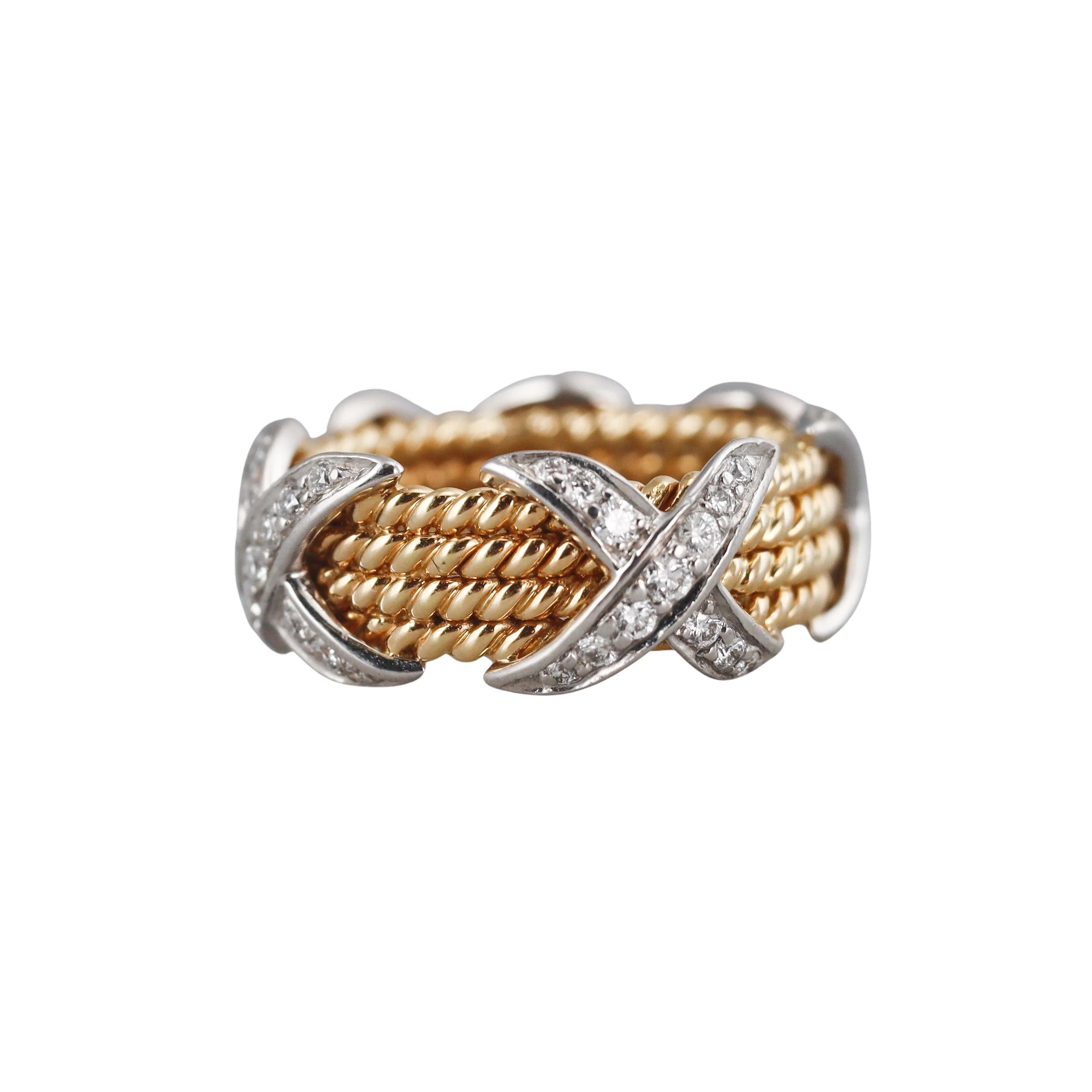 Tiffany Co Schlumberger Four Row Rope Diamond Gold Platinum Ring