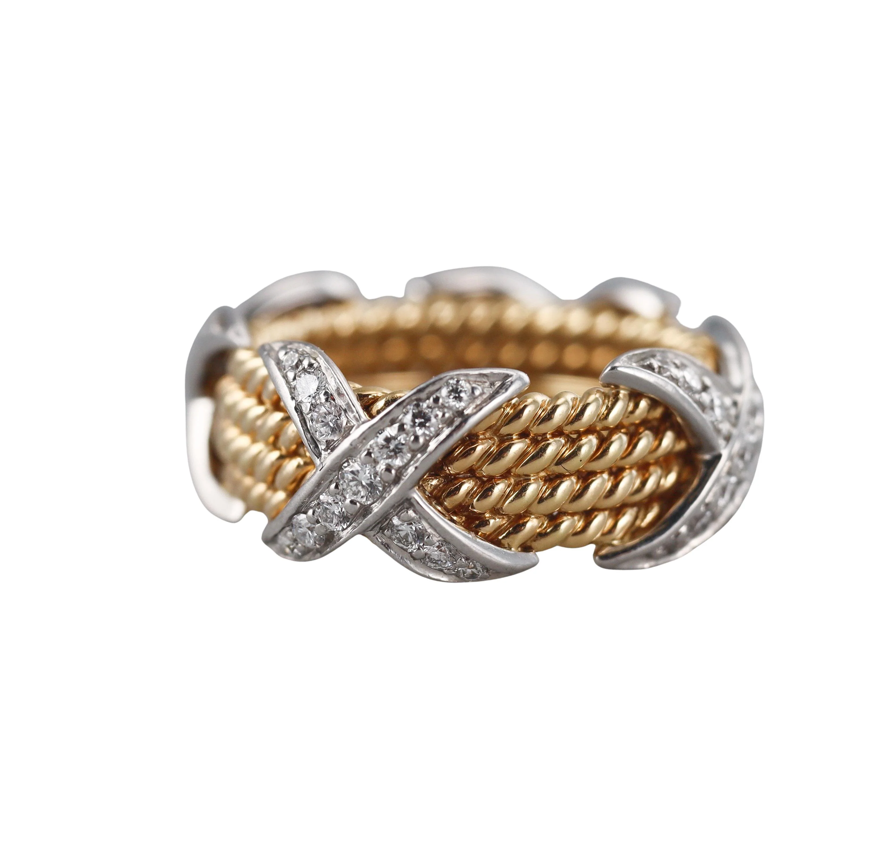 Tiffany Co Schlumberger Four Row Rope Diamond Gold Platinum Ring