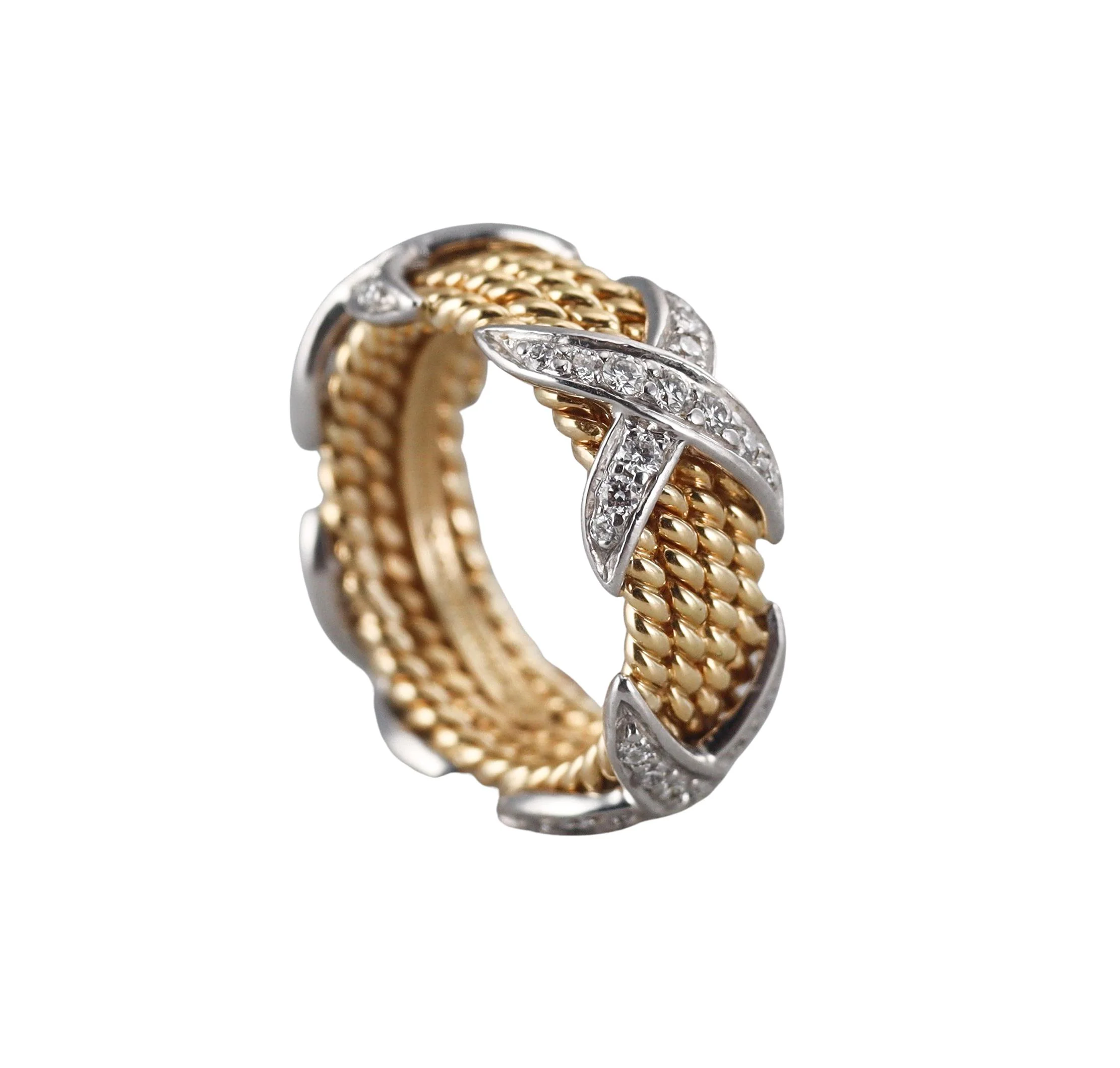 Tiffany Co Schlumberger Four Row Rope Diamond Gold Platinum Ring