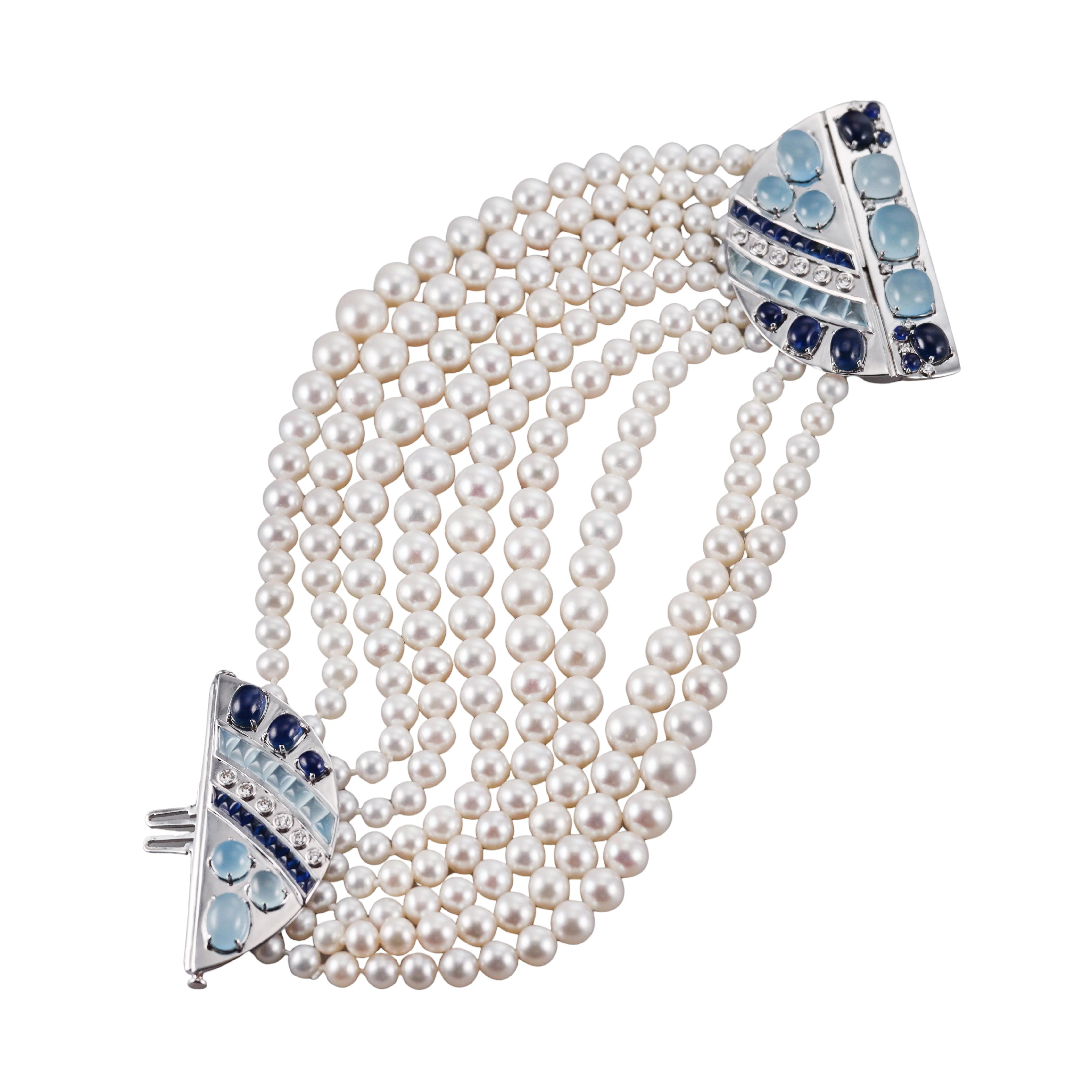 Seaman Schepps Sapphire Aquamarine Diamond Pearl Gold Bracelet