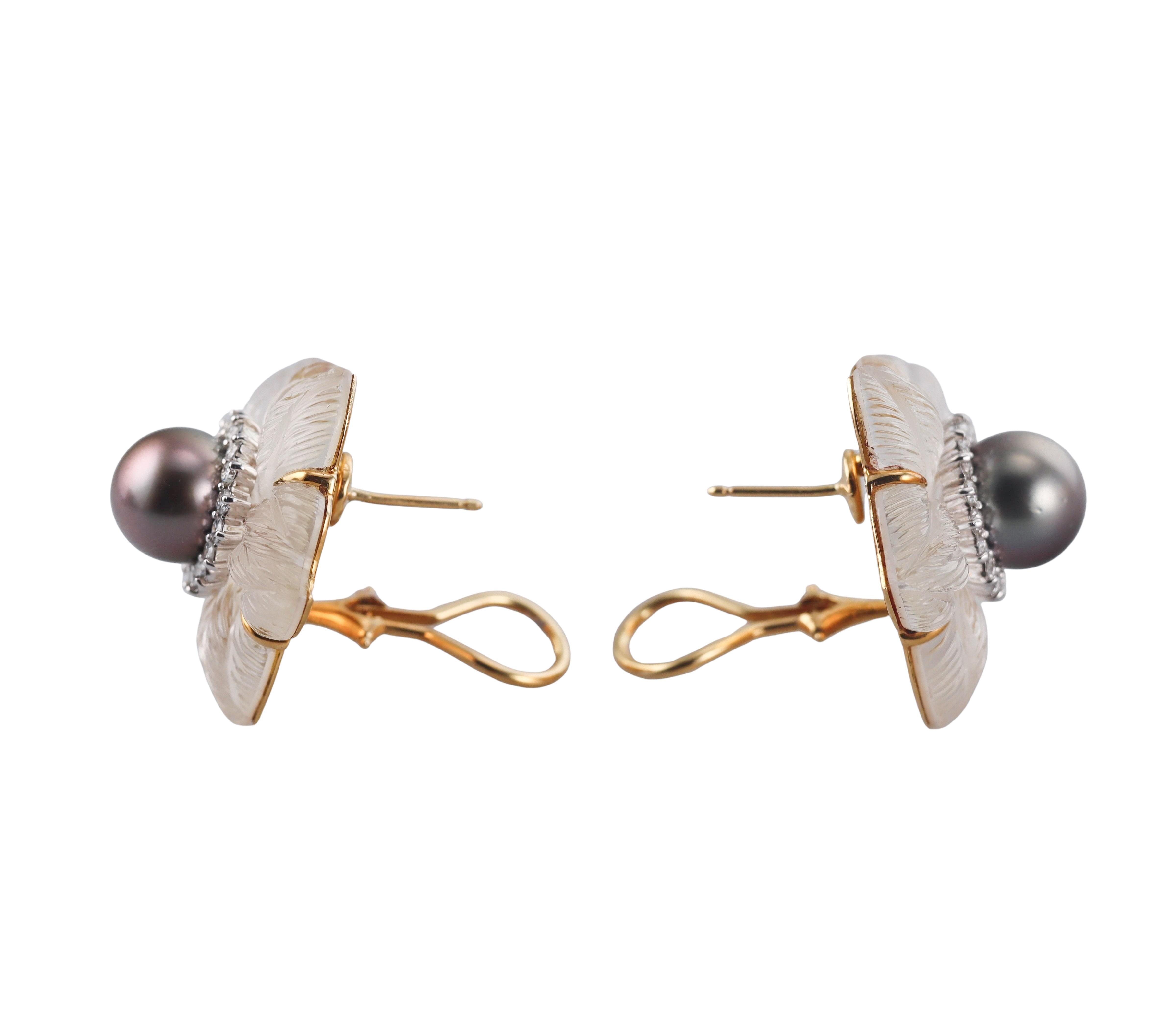 Seaman Schepps Clematis Crystal Tahitian Pearl Diamond Gold Flower Earrings