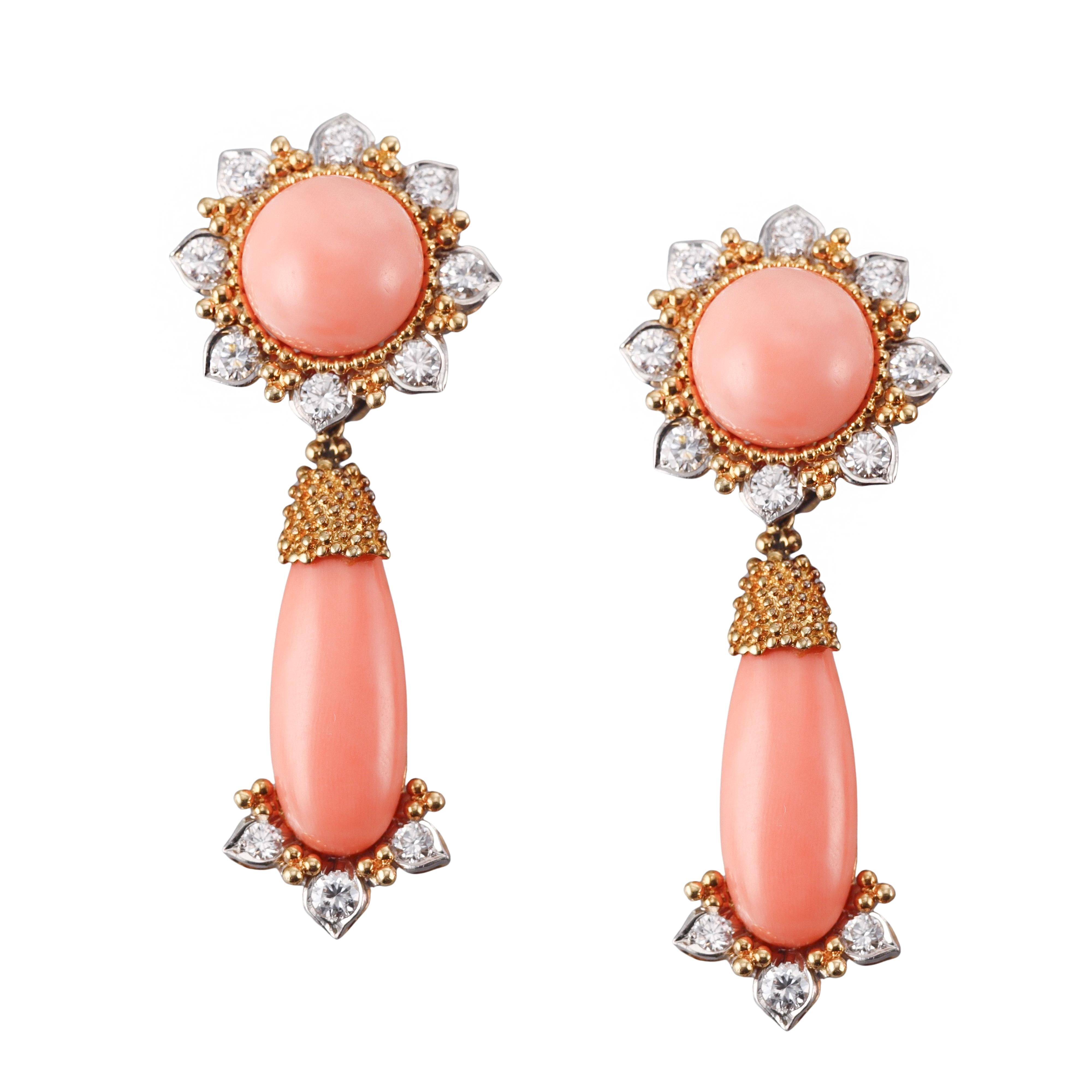 Vintage Coral Diamond Gold Night  Day Cocktail Earrings