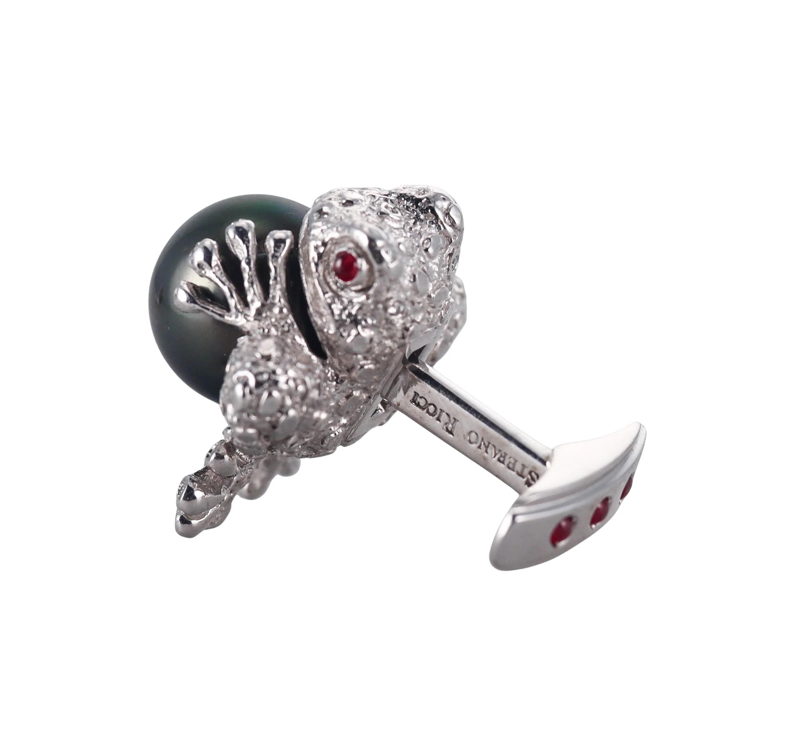 Stefano Ricci Black South Sea Pearl Diamond Ruby Gold Frog Cufflinks