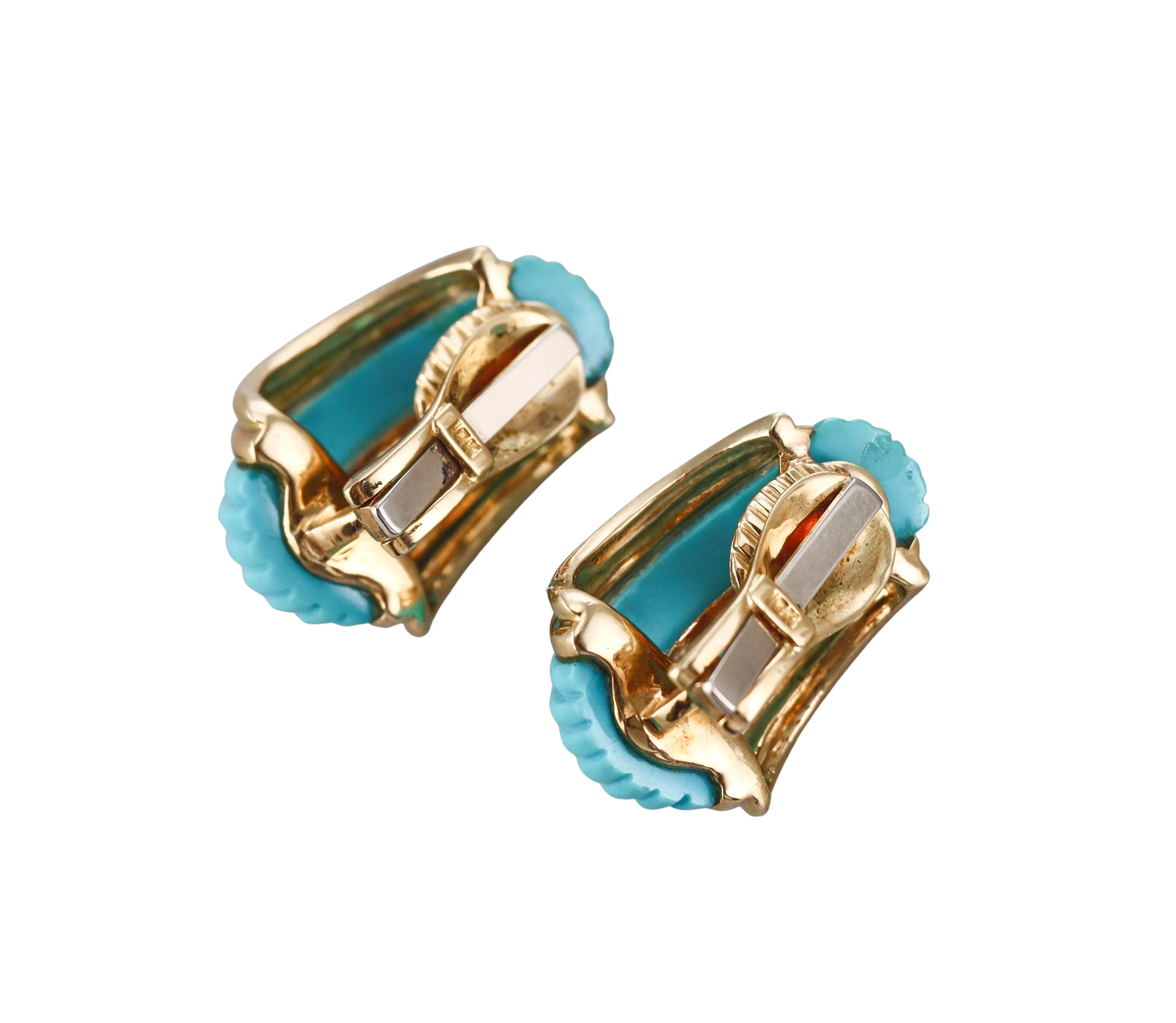 Carved Turquoise Gold Half Hoop Earrings