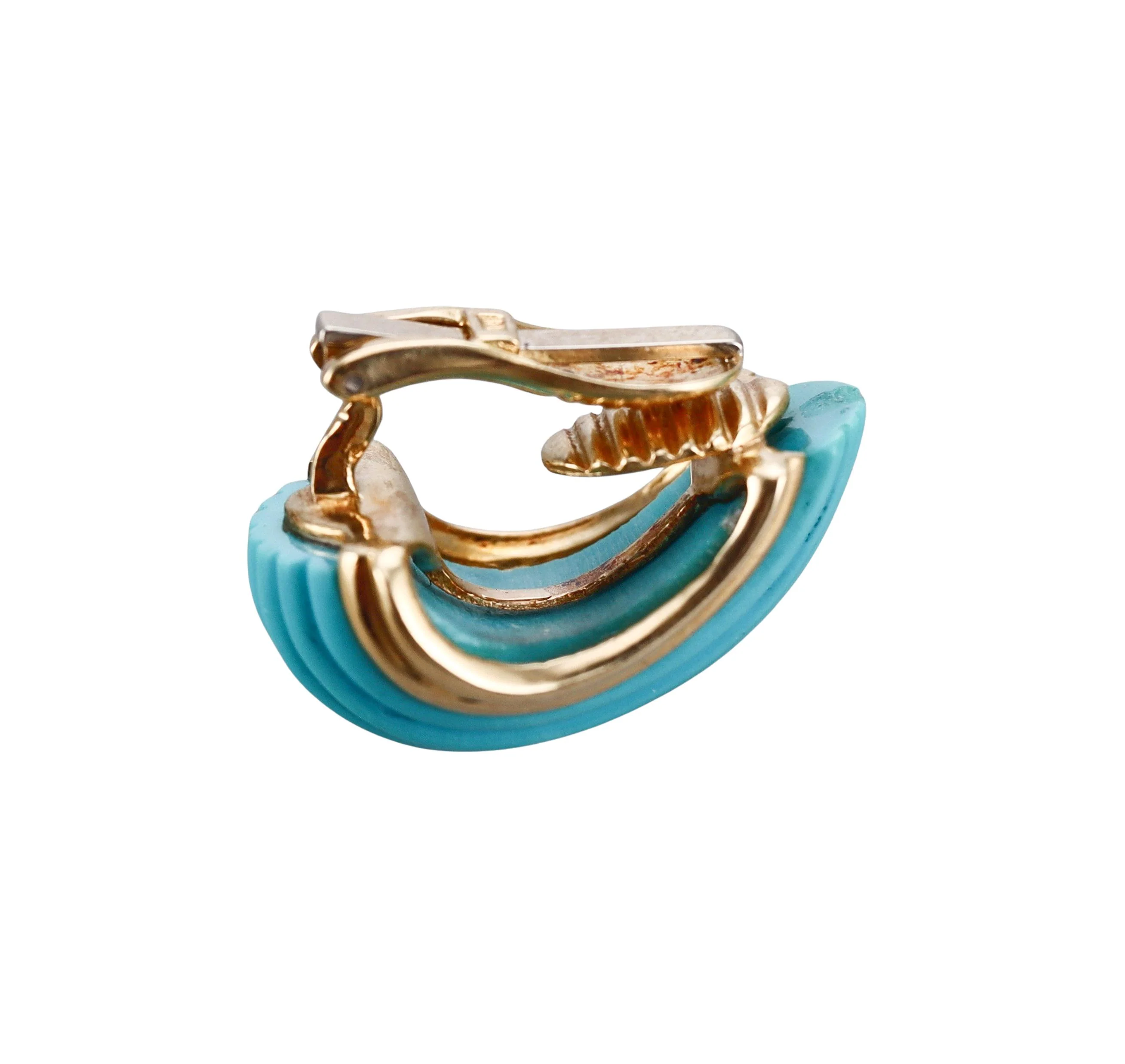 Carved Turquoise Gold Half Hoop Earrings