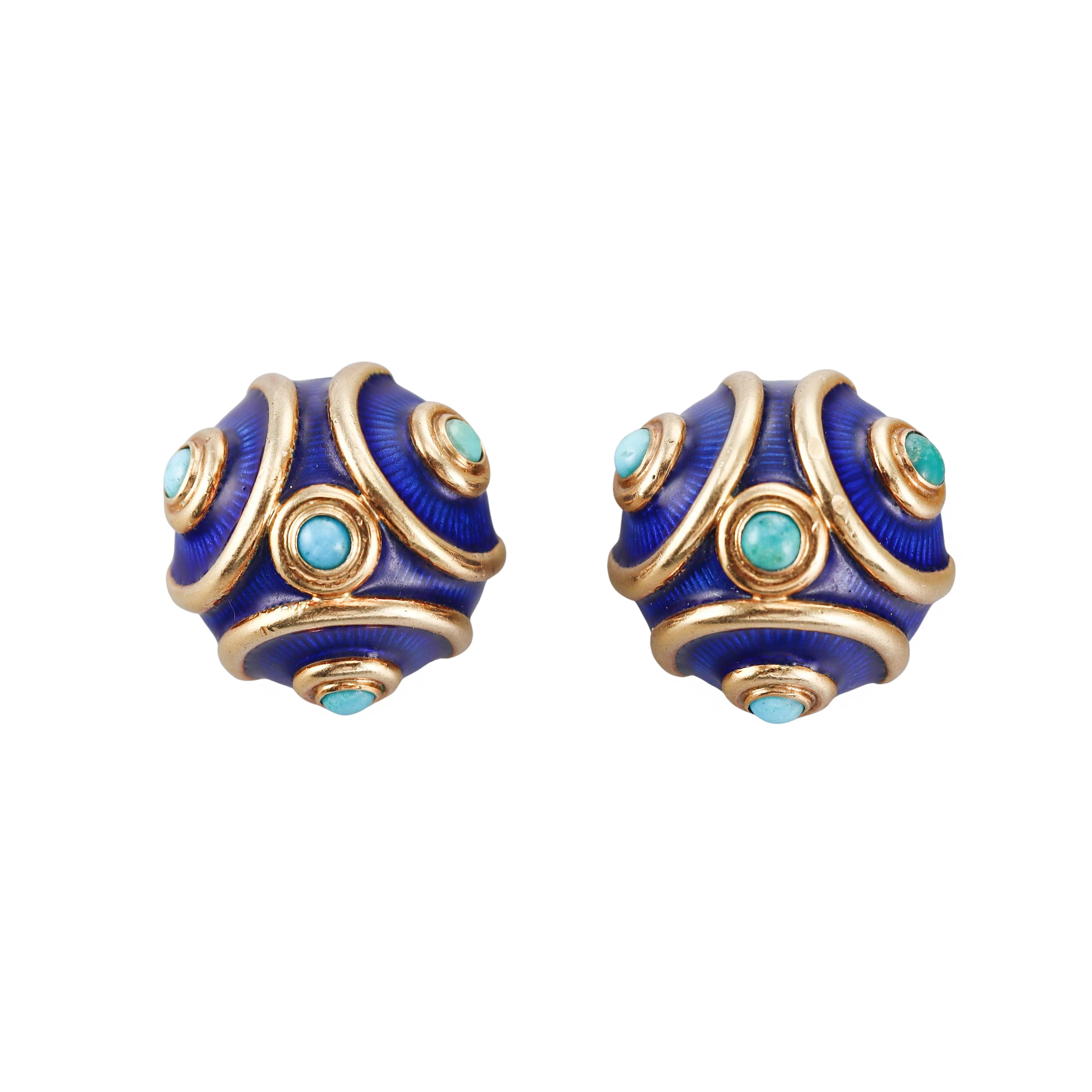 Tiffany Co Blue Enamel Turquoise Gold Earrings