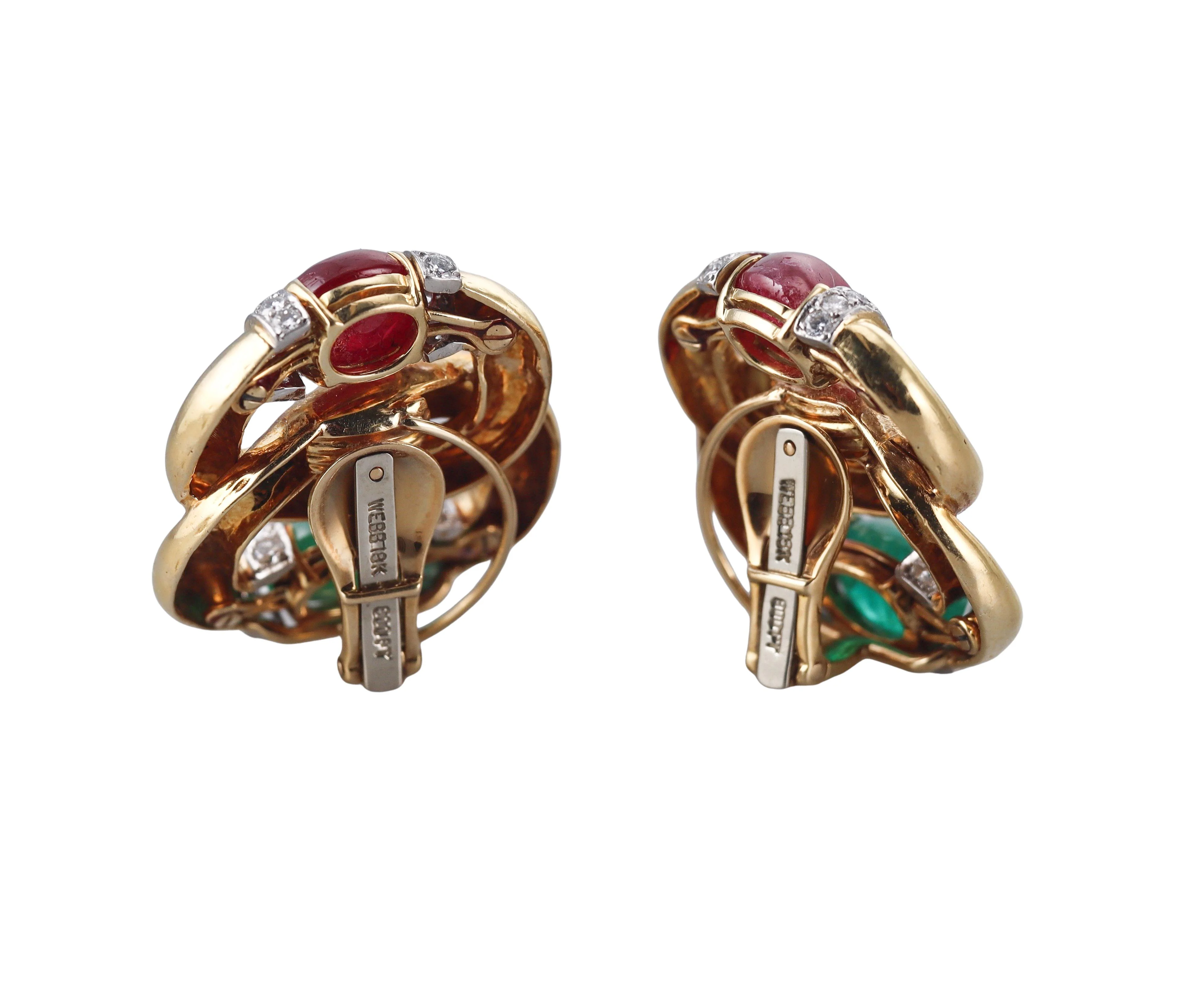 David Webb Emerald Ruby Diamond Gold Platinum Earrings