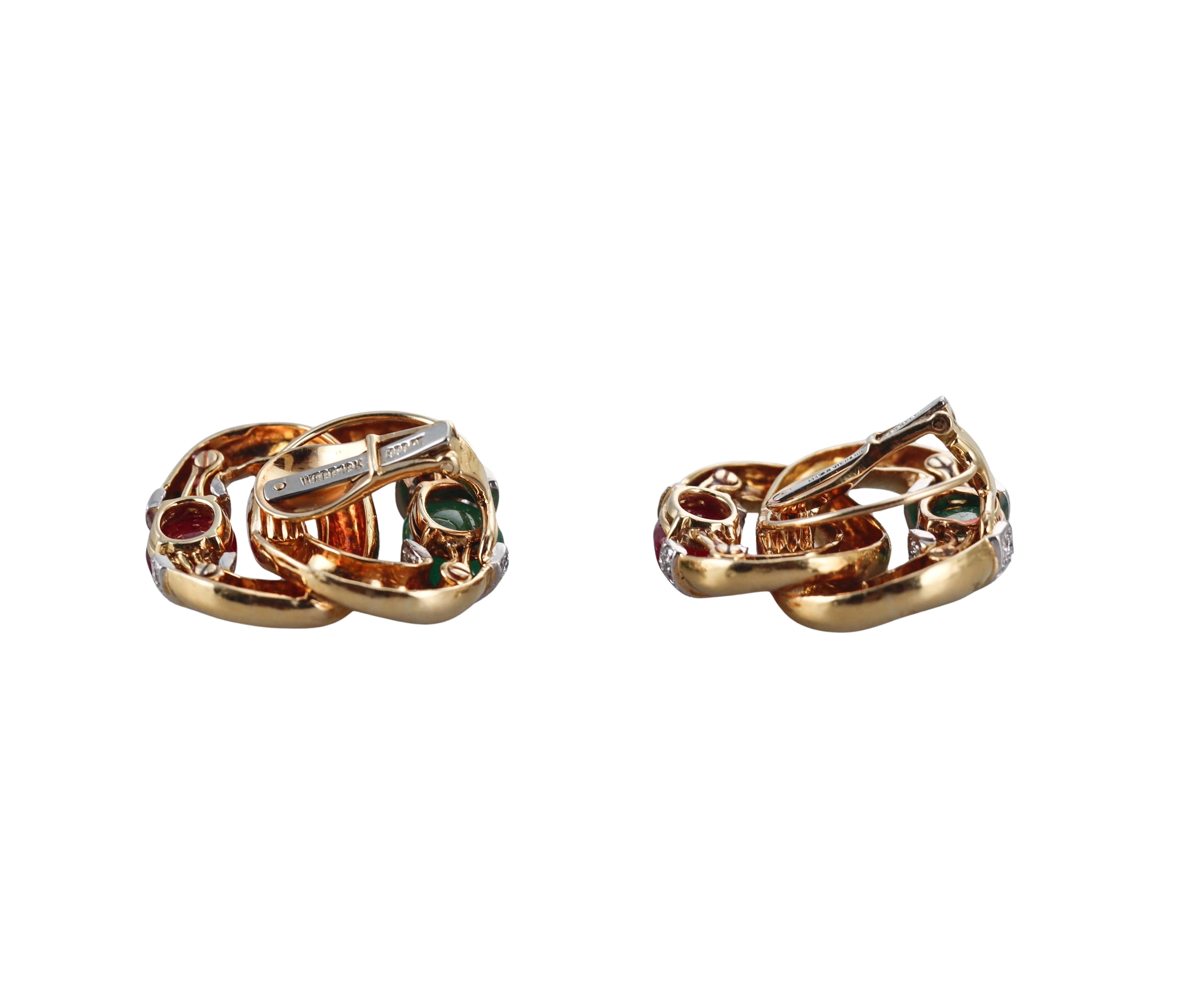 David Webb Emerald Ruby Diamond Gold Platinum Earrings