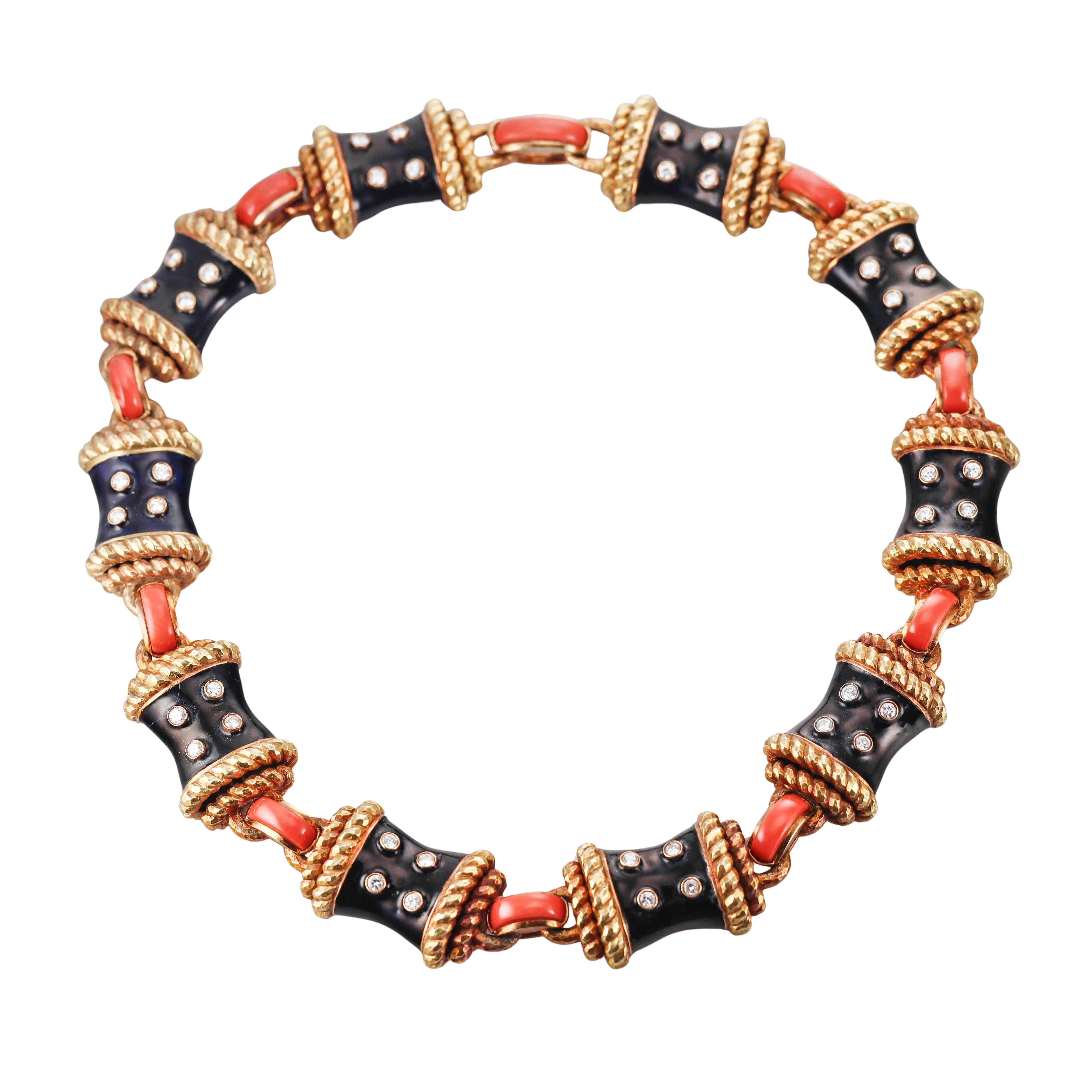 David Webb Diamond Enamel Coral Gold Link Necklace