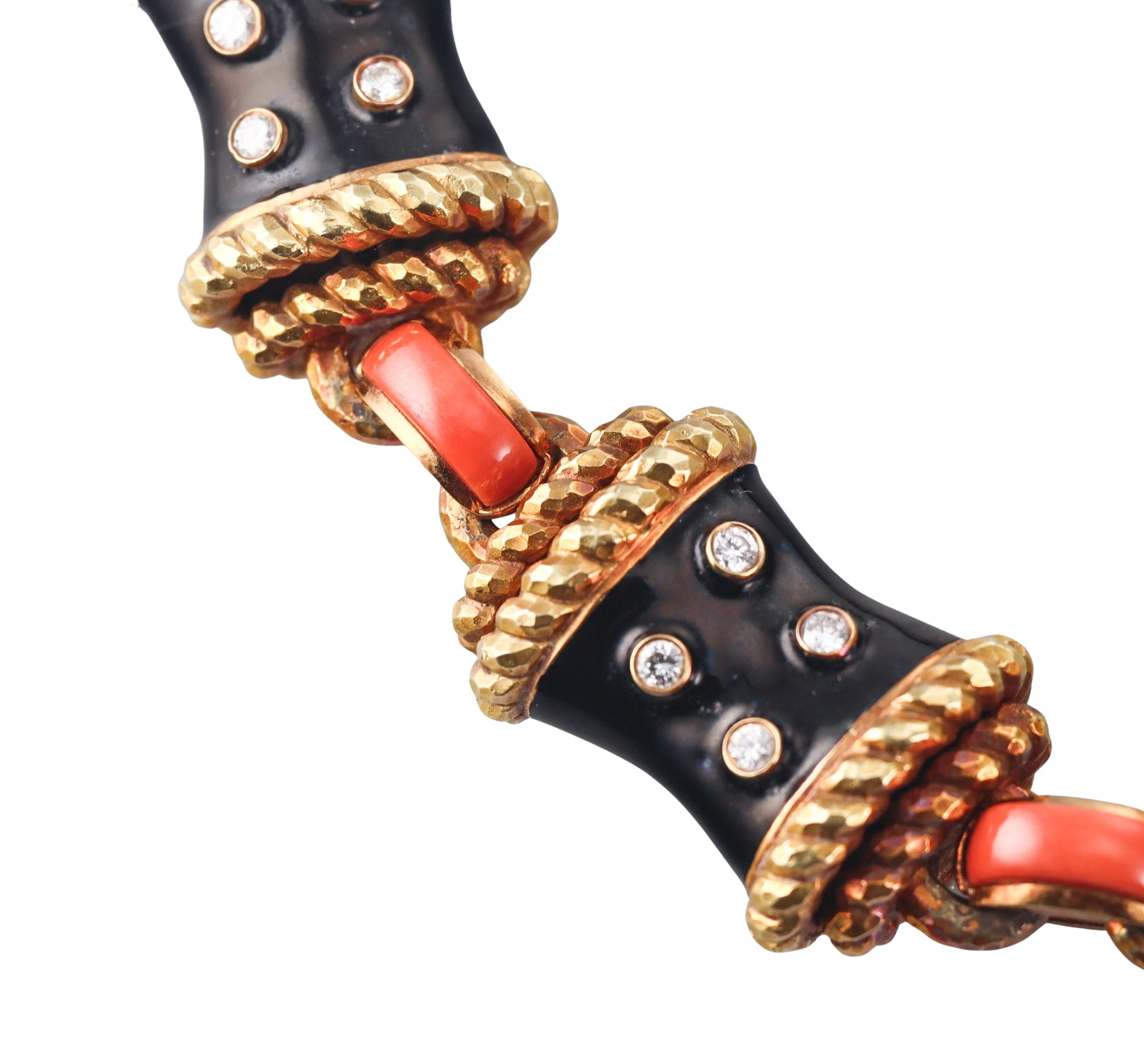 David Webb Diamond Enamel Coral Gold Link Necklace