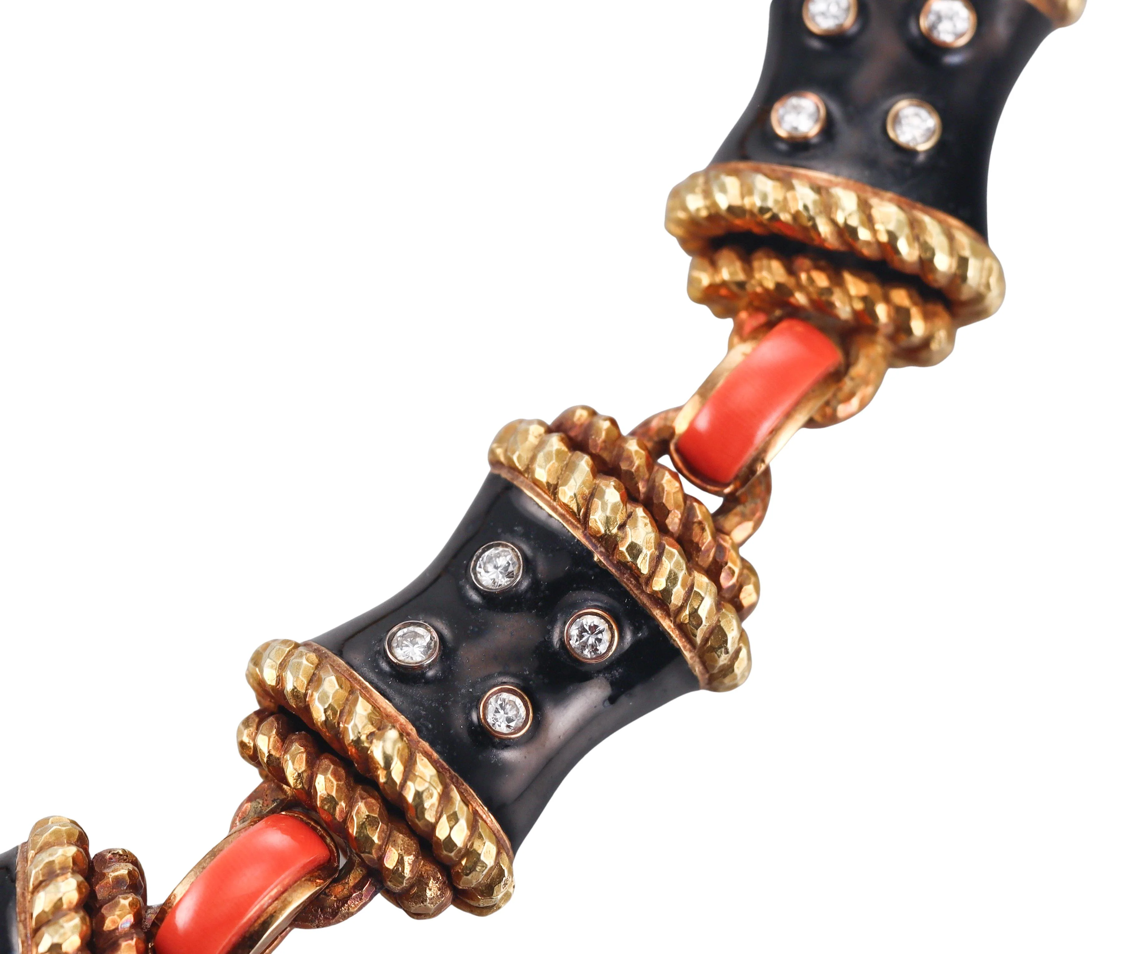 David Webb Diamond Enamel Coral Gold Link Necklace