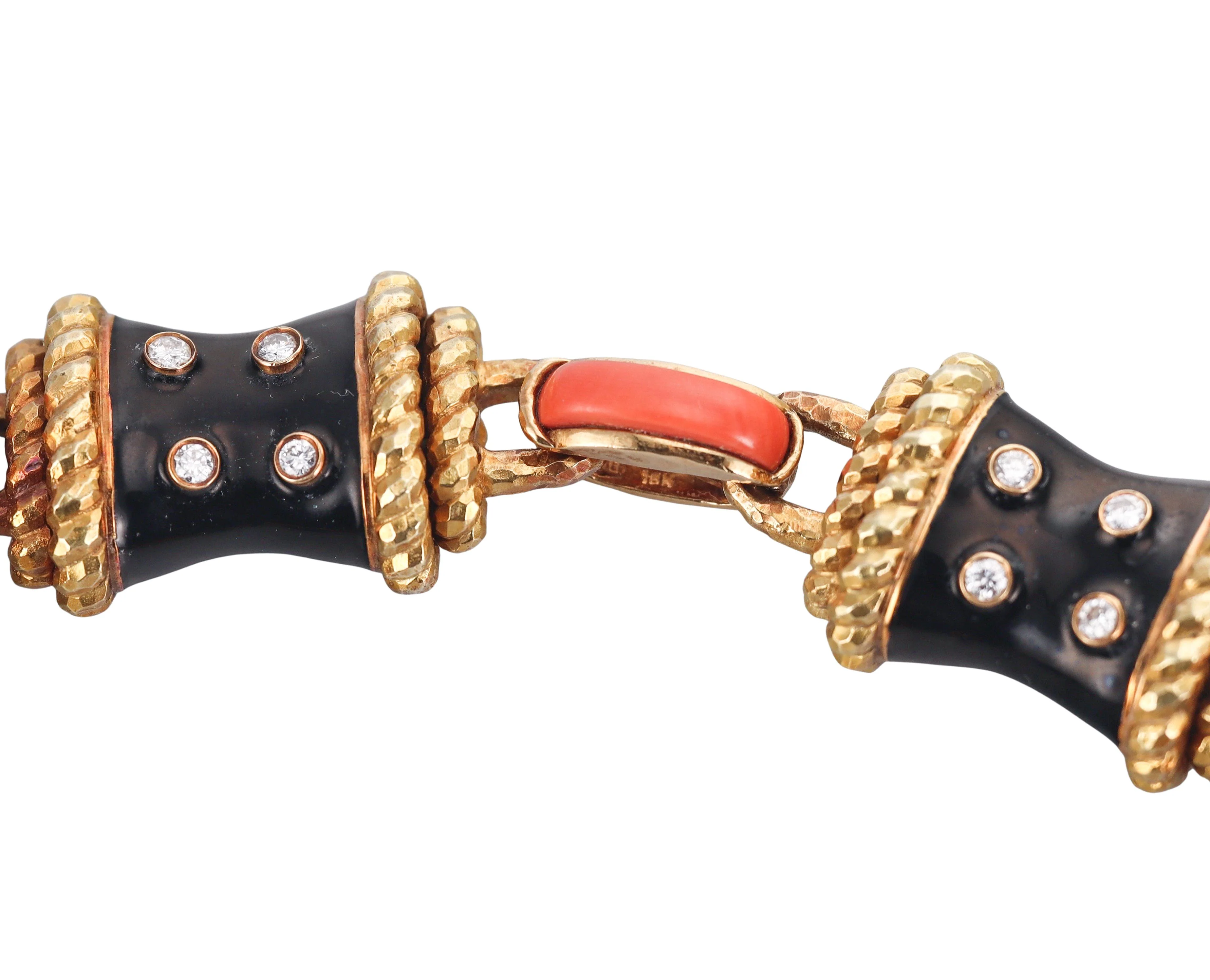 David Webb Diamond Enamel Coral Gold Link Necklace