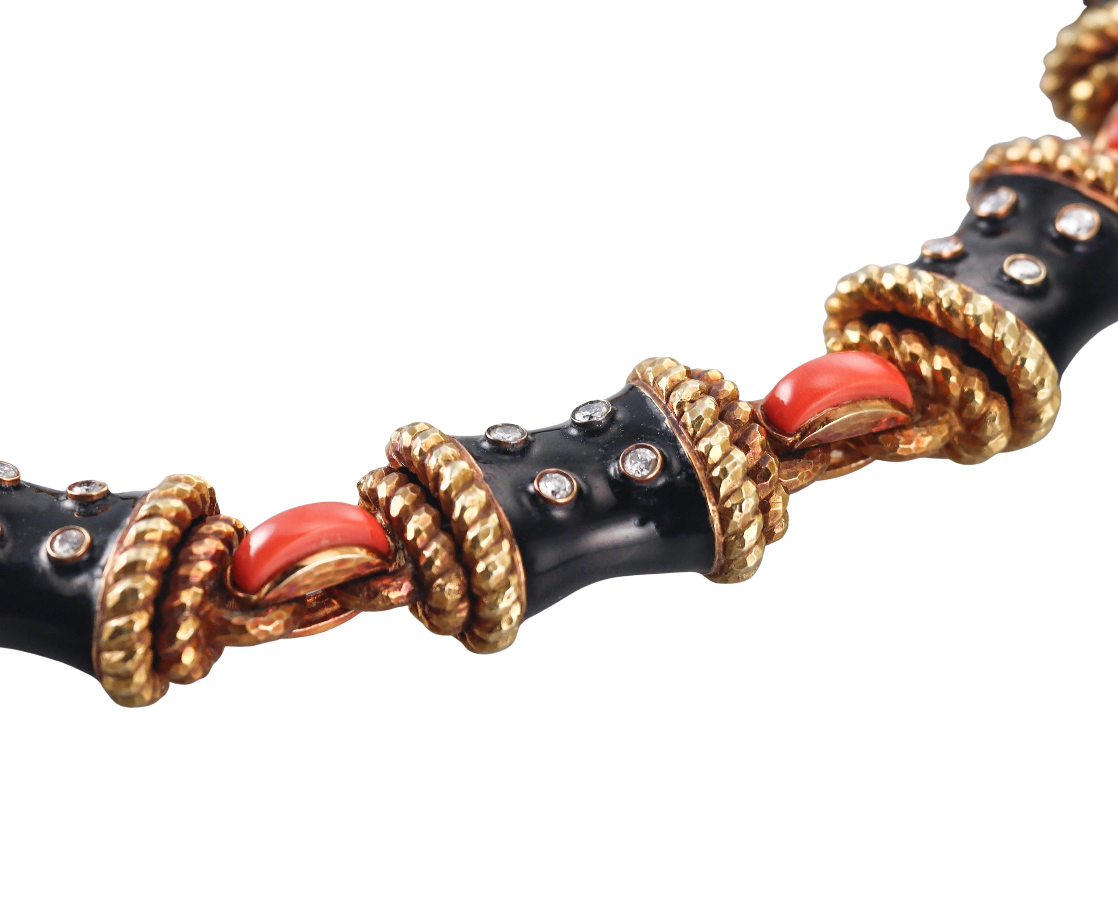 David Webb Diamond Enamel Coral Gold Link Necklace