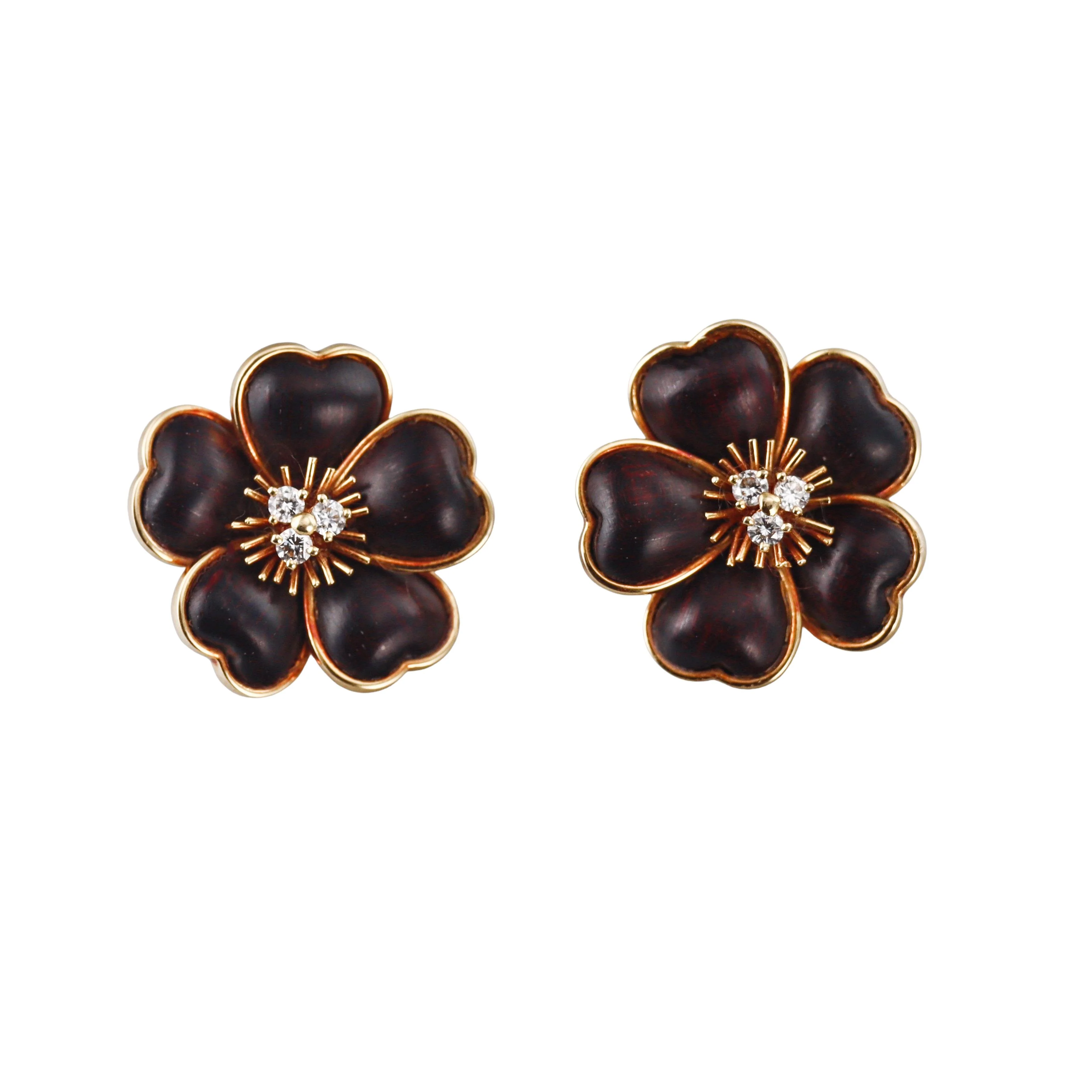 Van Cleef  Arpels Rose de Noel Wood Diamond Gold Earrings