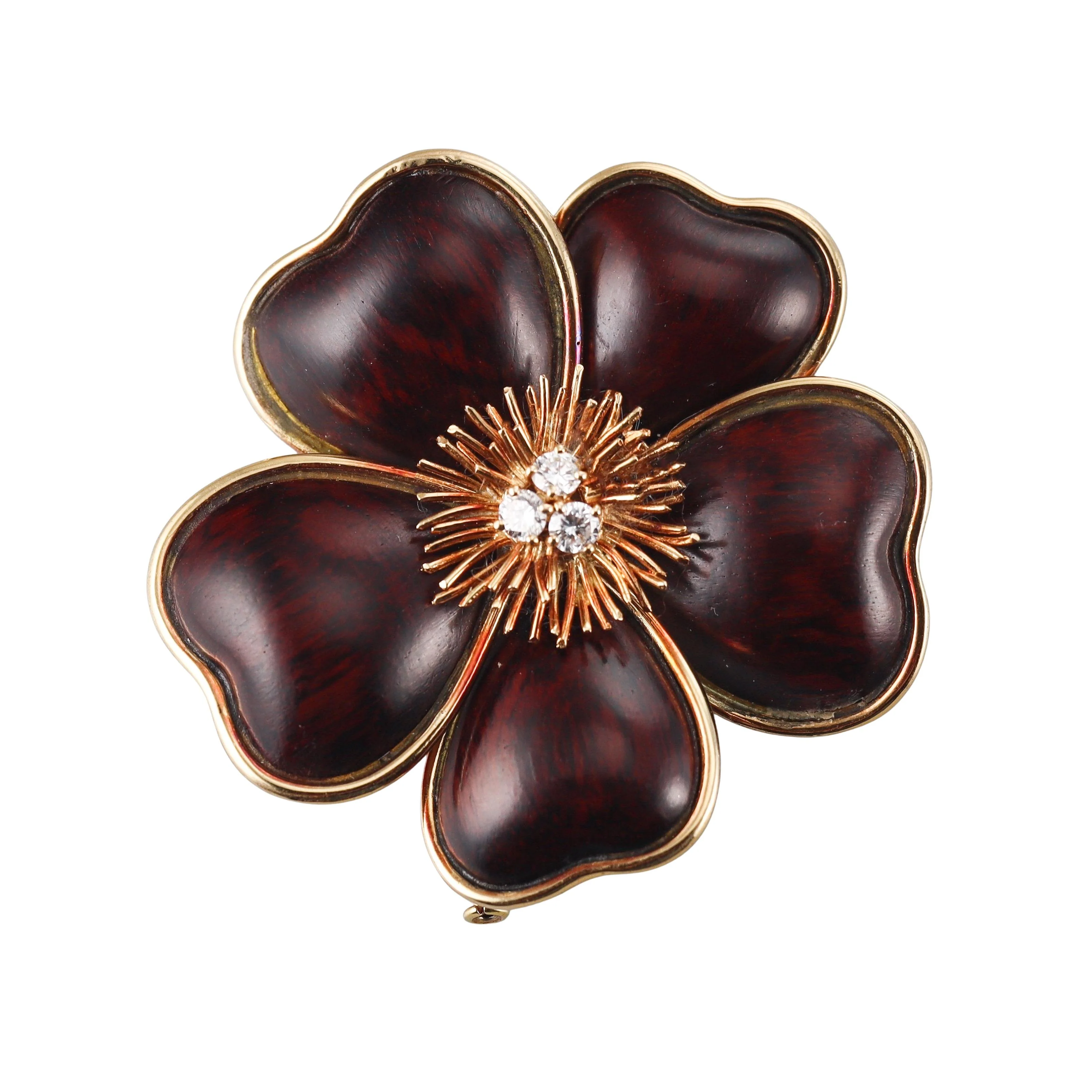 Van Cleef Arpels Rose de Noel Wood Diamond Gold Brooch