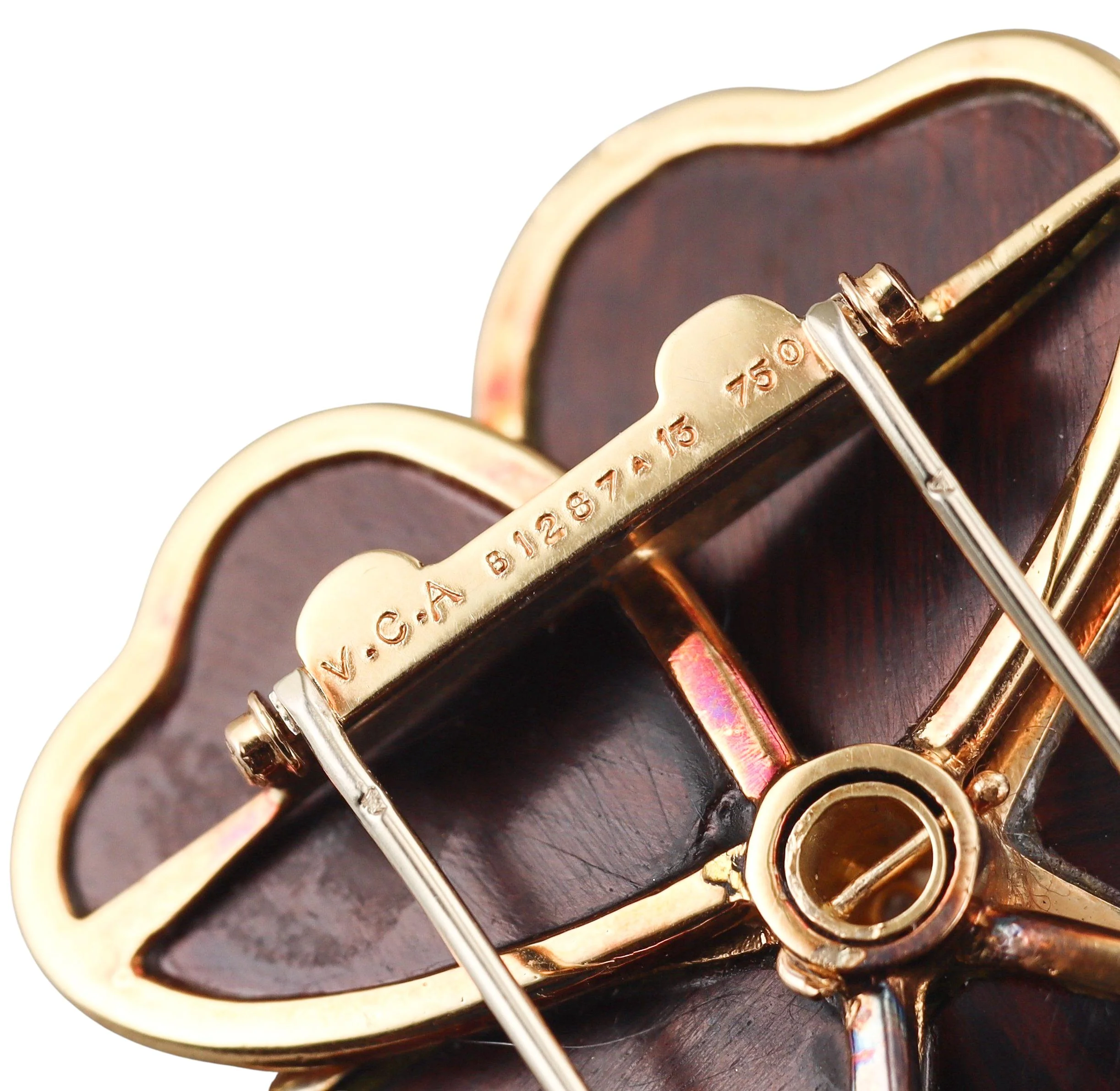Van Cleef  Arpels Rose de Noel Wood Diamond Gold Brooch