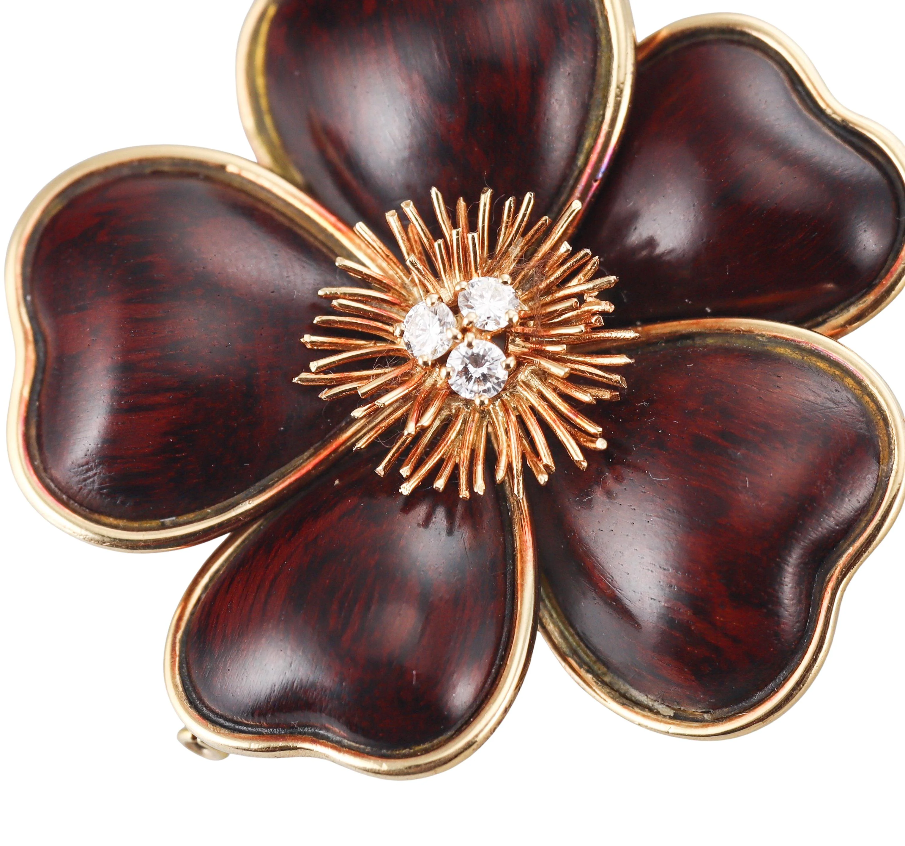 Van Cleef Arpels Rose de Noel Wood Diamond Gold Brooch