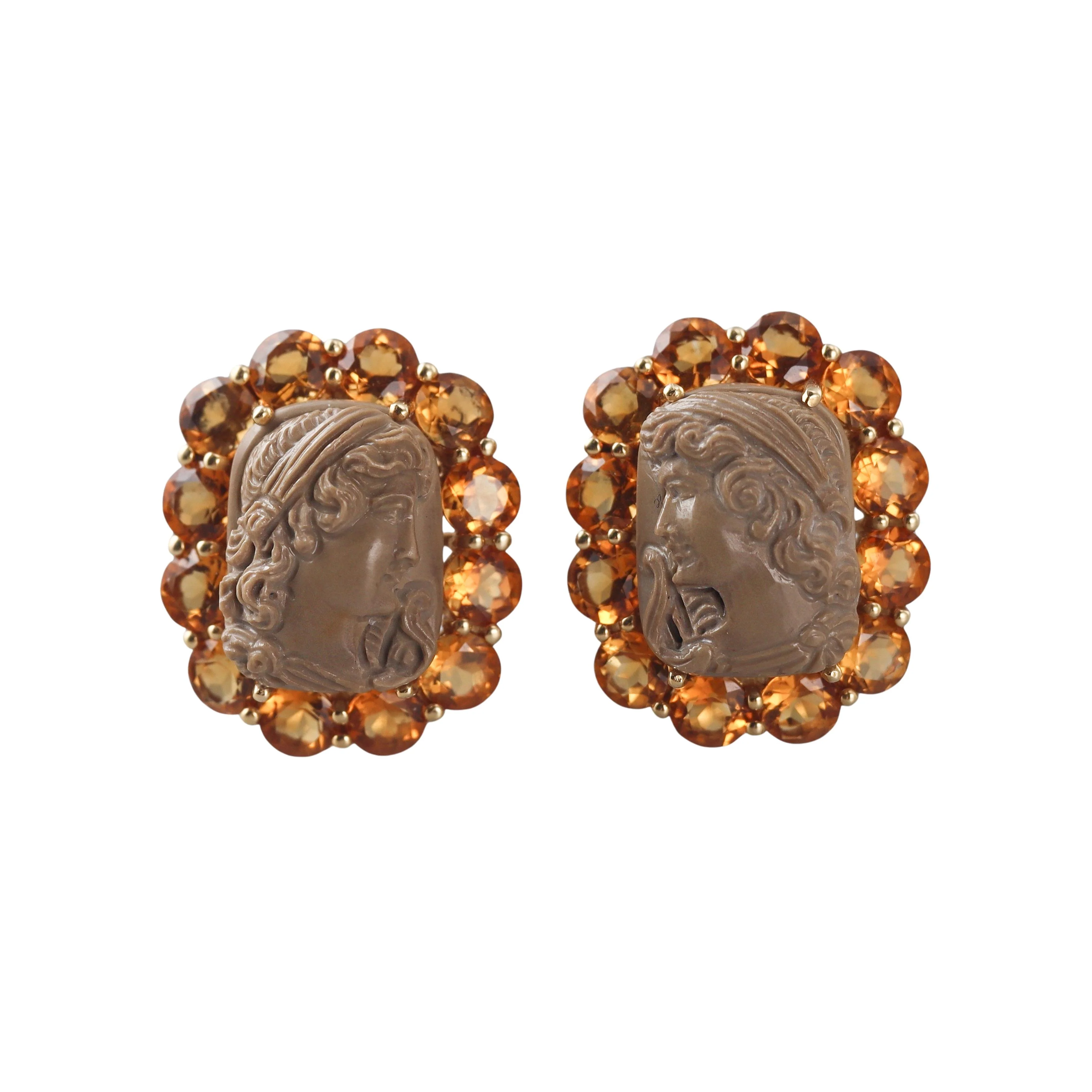Seaman Schepps Lava Cameo Citrine Gold Earrings