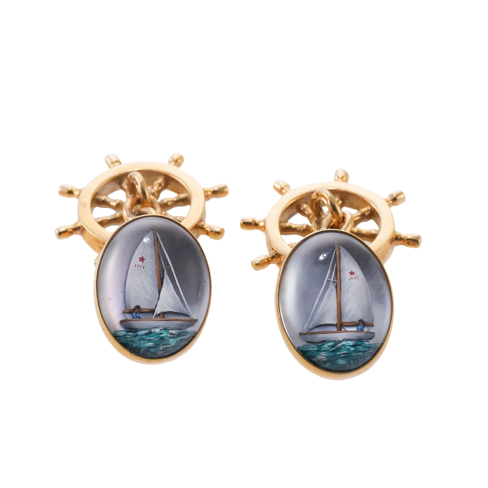 Gold Reverse Painting Ship Captains Wheel Cufflinks