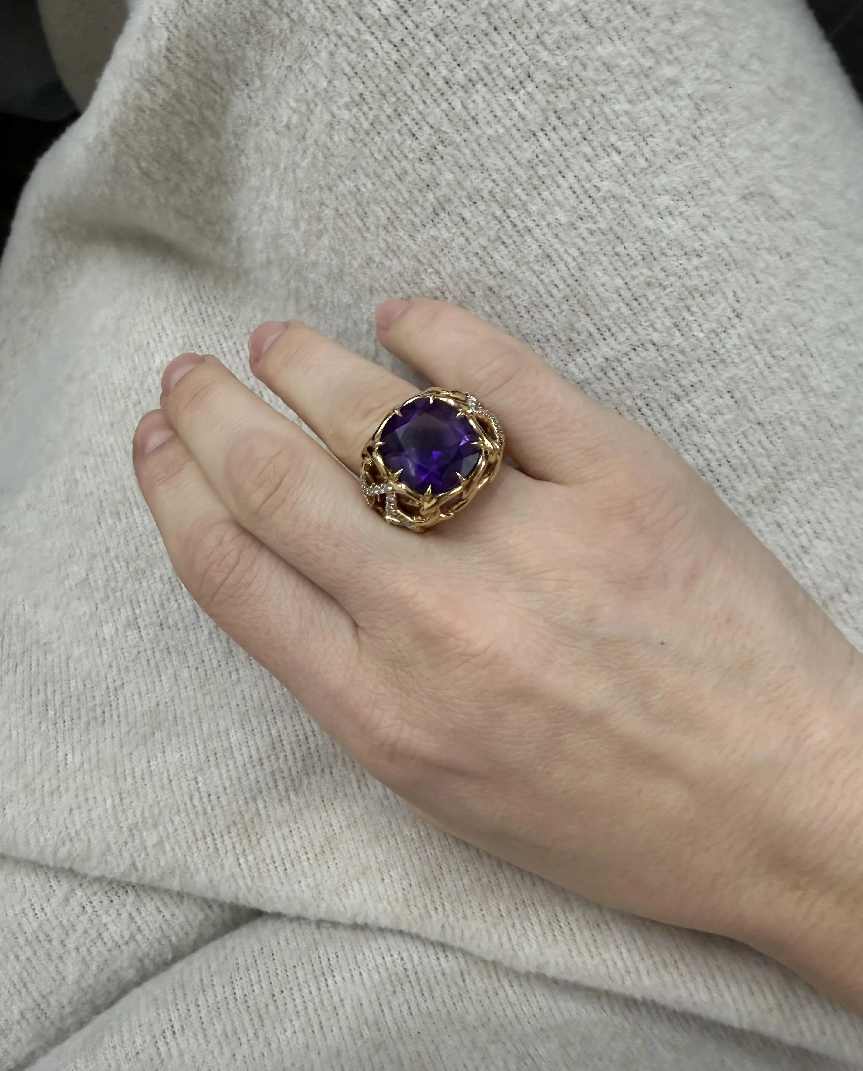 David Yurman Quatrefoil Diamond Amethyst Gold Ring