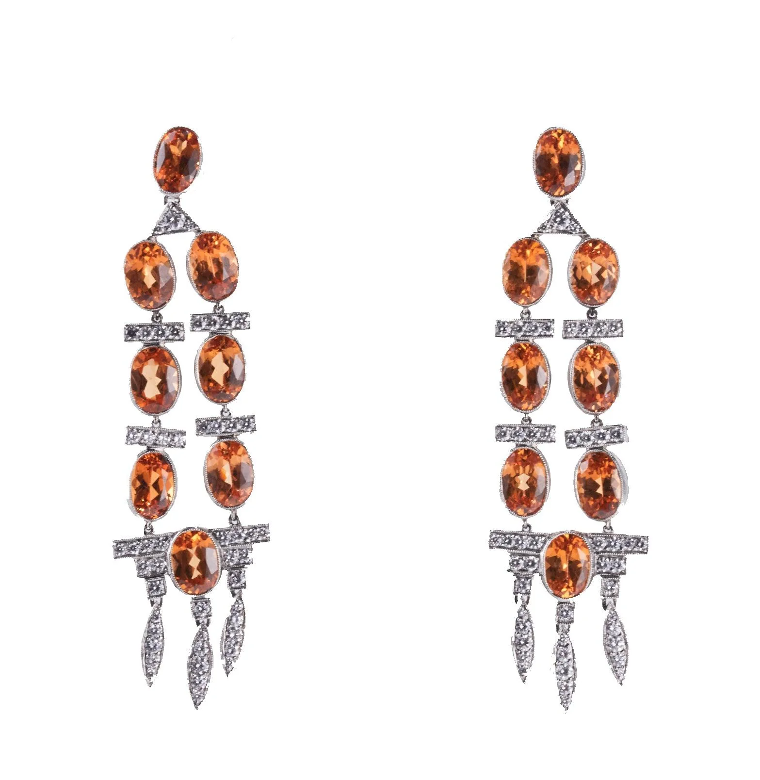 Platinum Diamond Spessartite Garnet Chandelier Earrings