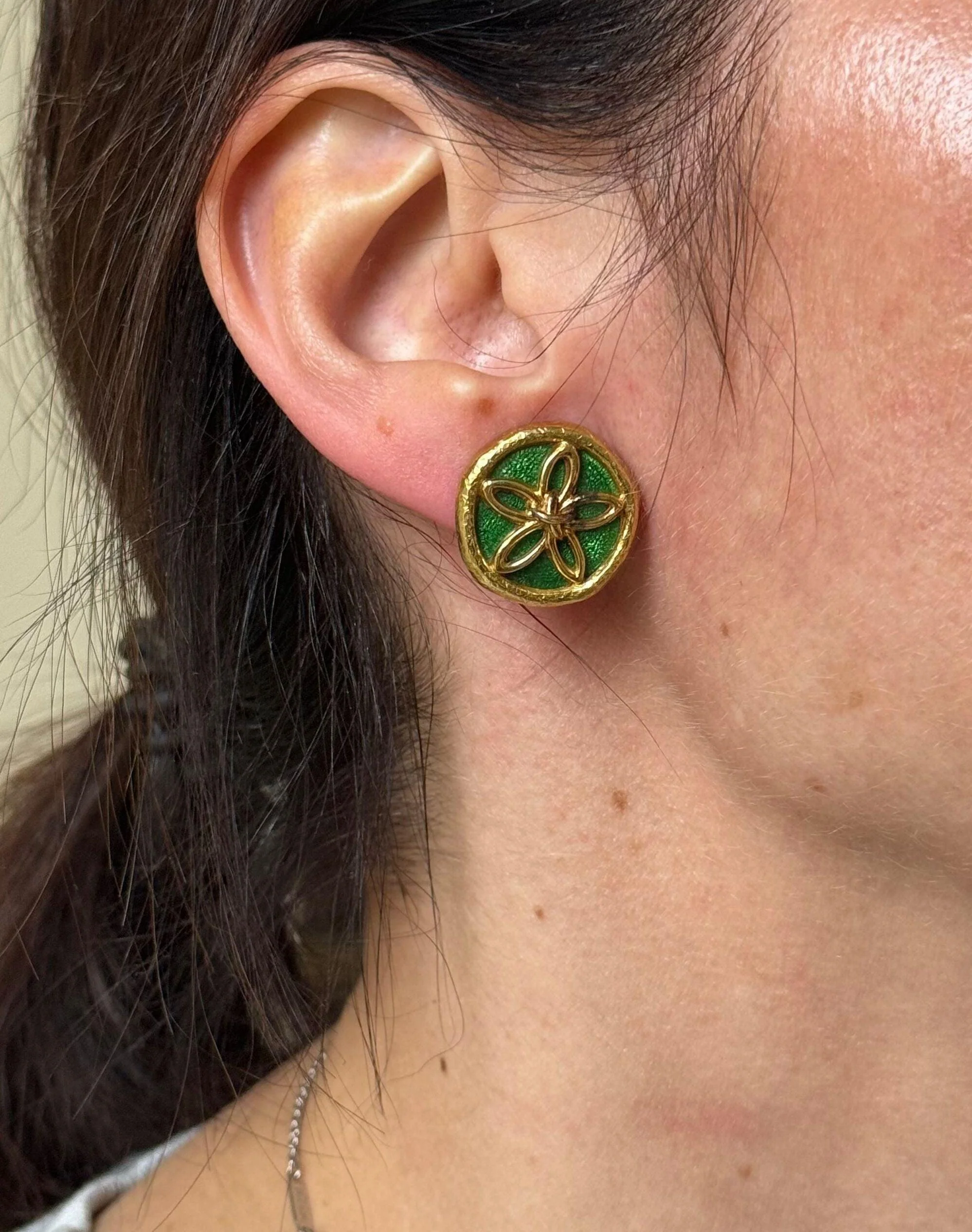 Tiffany Co Schlumberger Gold Green Enamel Earrings
