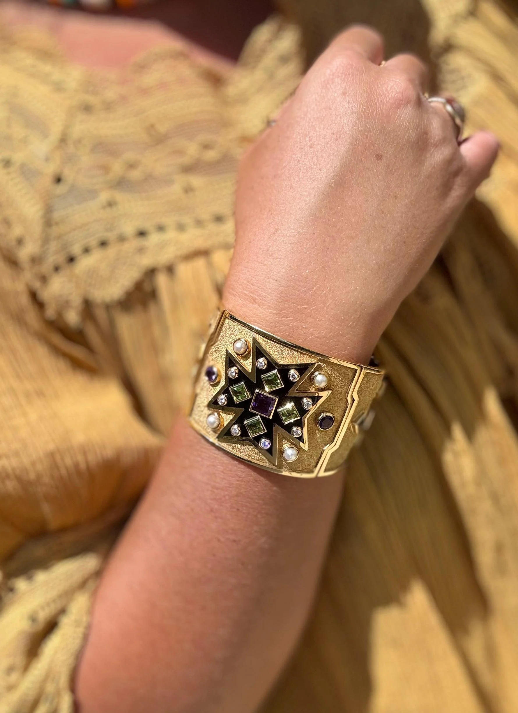 Verdura Maltese Cross Gold Amethyst Pearl Enamel Bracelet