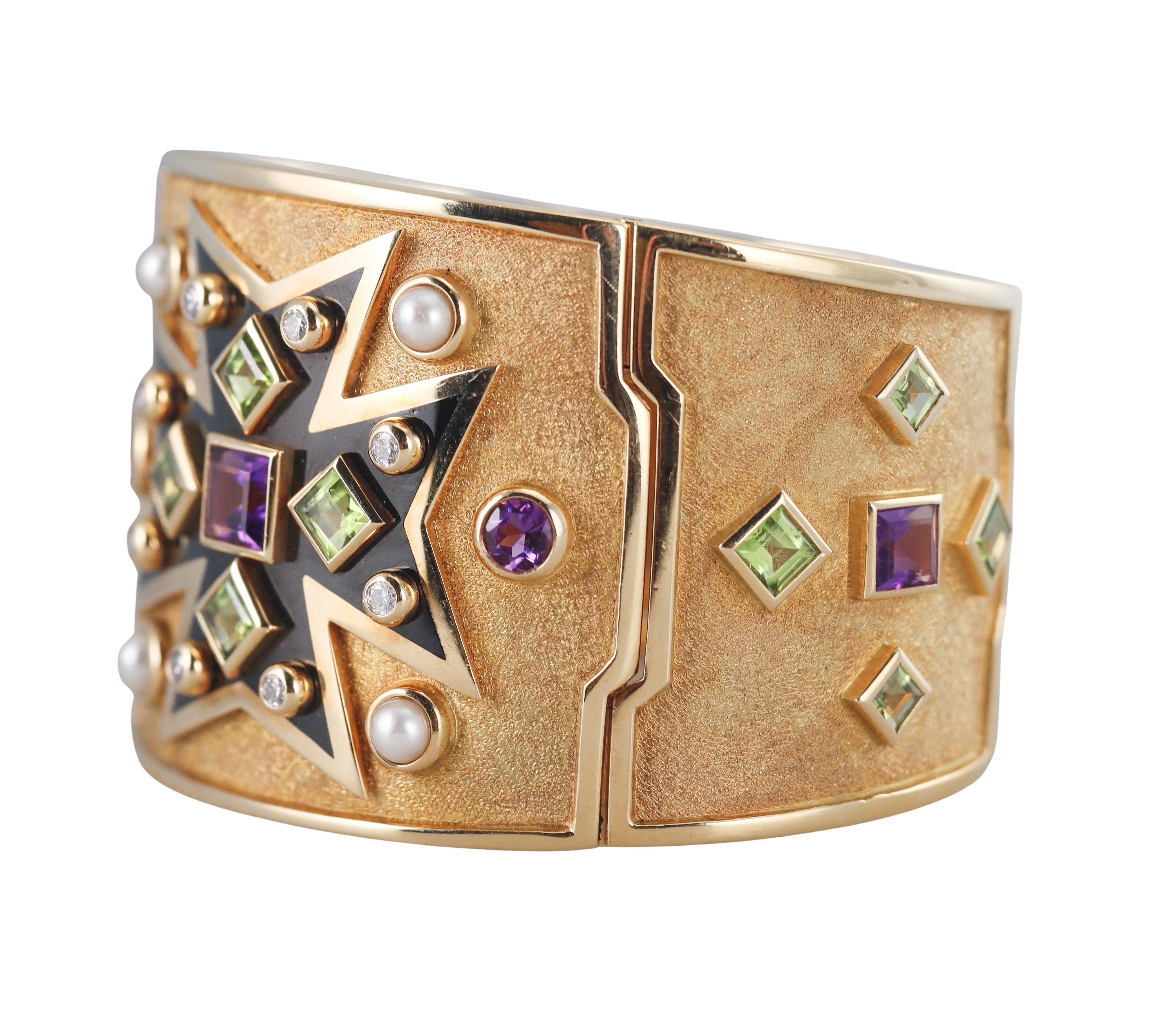 Verdura Maltese Cross Gold Amethyst Pearl Enamel Bracelet