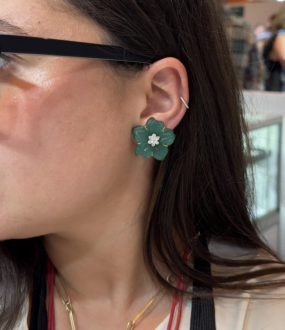 Seaman Schepps Clematis Chrysoprase Diamond Gold Flower Earrings