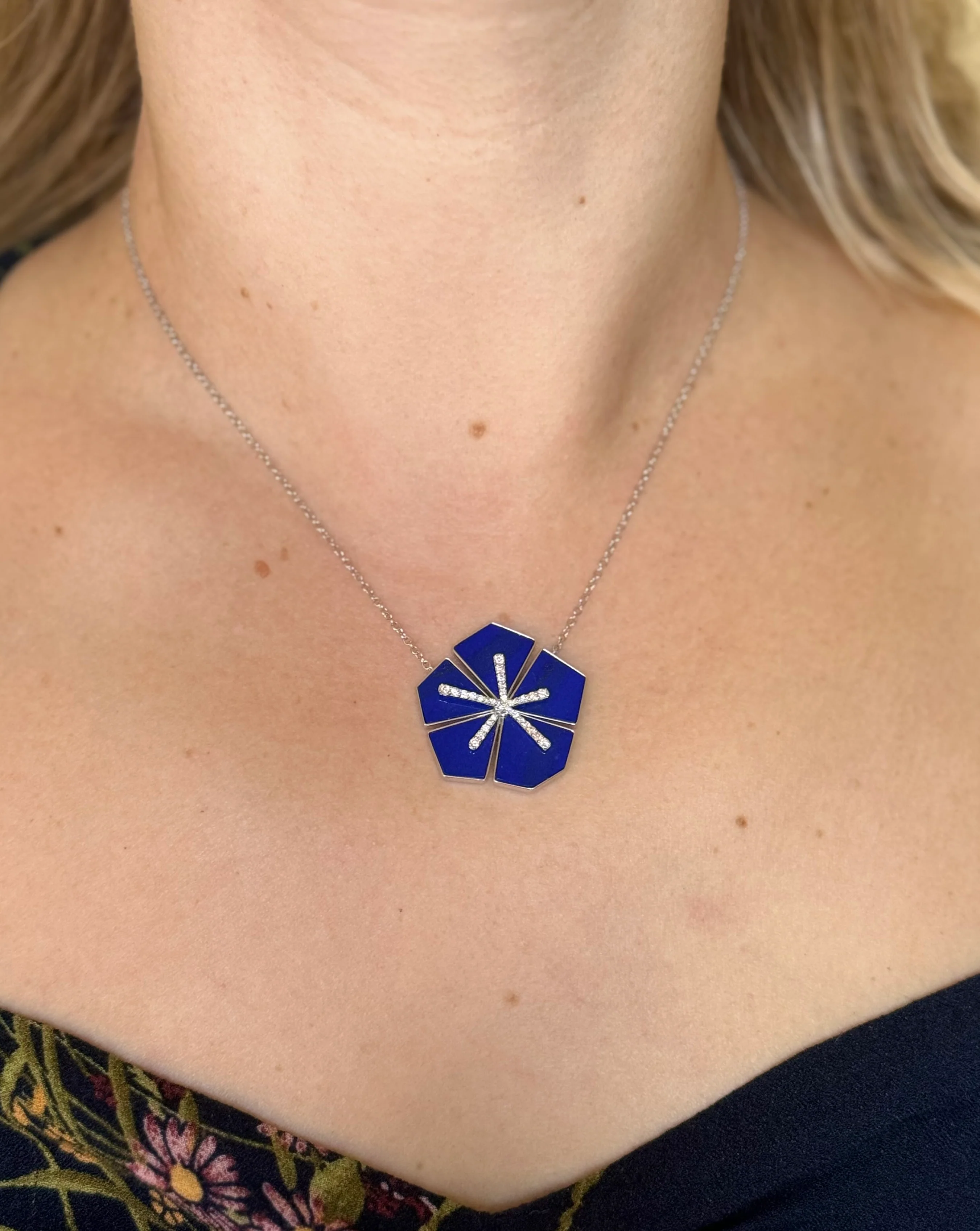 Giloro White Gold Diamond Lapis Large Pendant Necklace