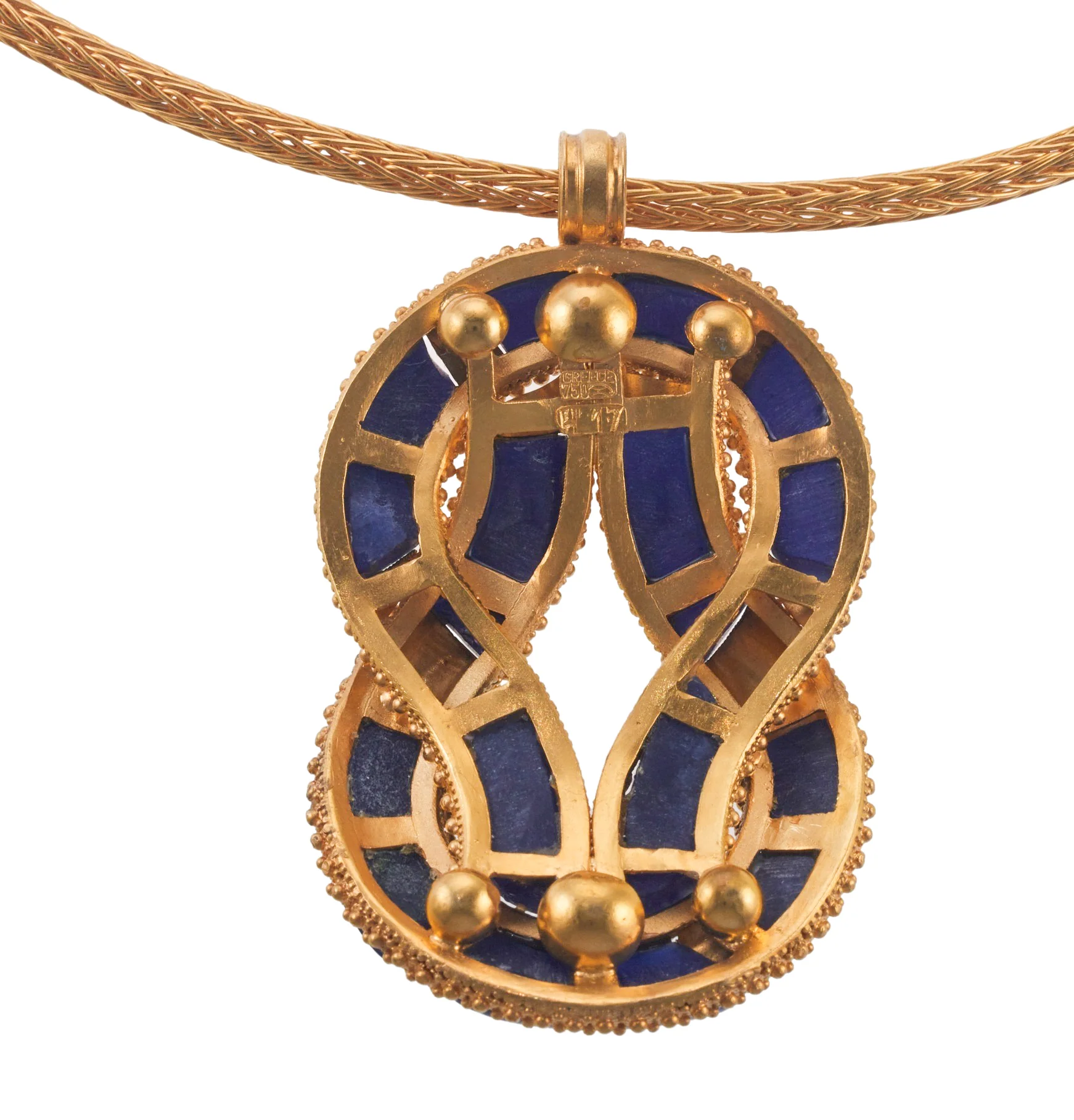 Lalaounis Greece Sodalite Gold Hercules Knot Pendant Necklace