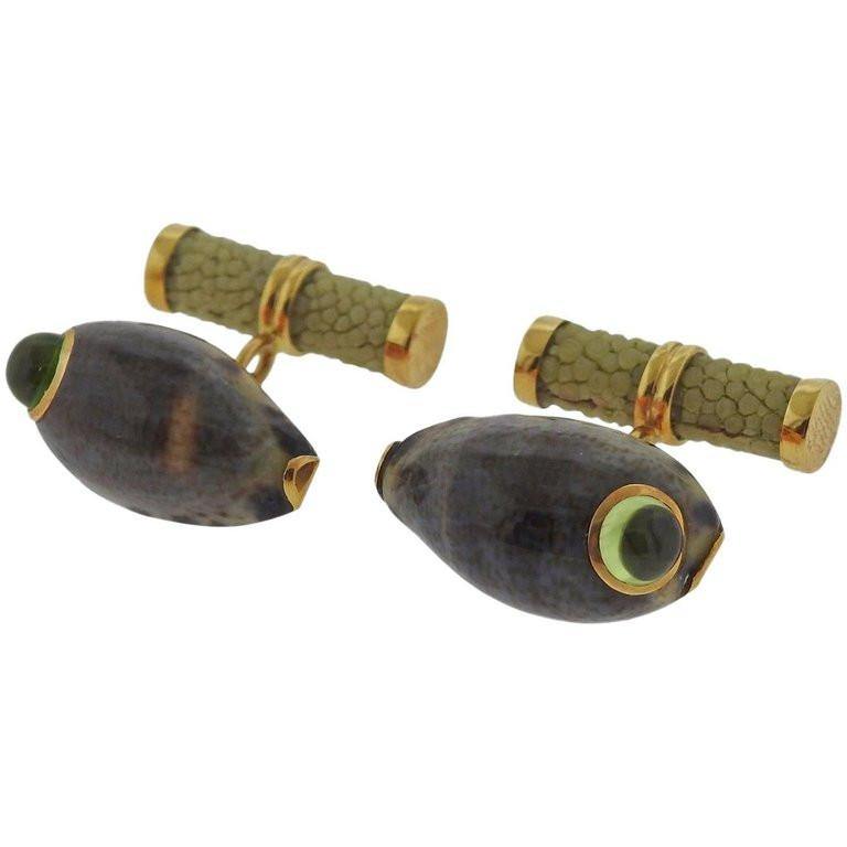 Trianon Gold Shell Peridot Cufflinks - Replica Luxury Handbag Store