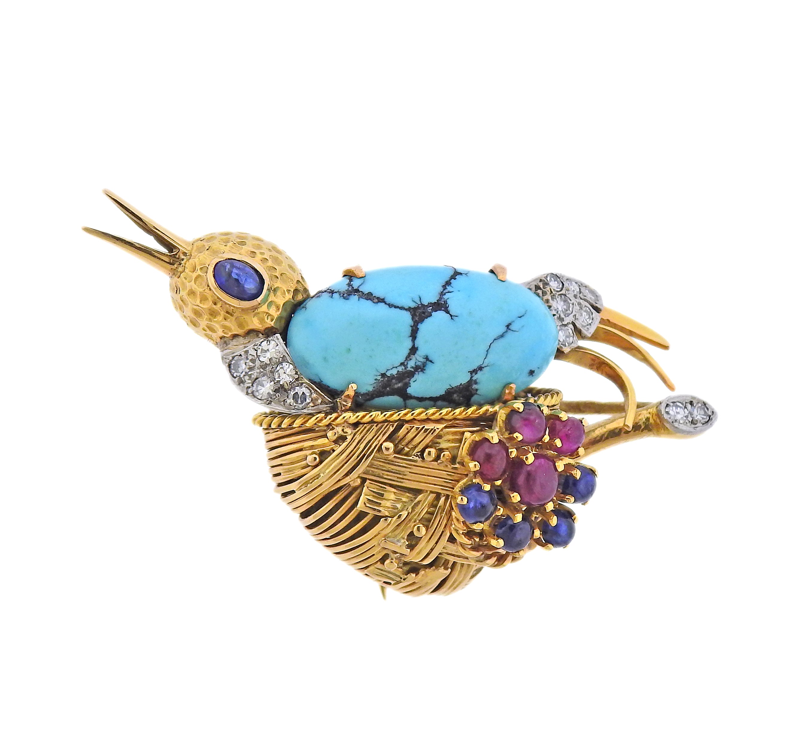 French Mid Century Diamond Ruby Sapphire Turquoise Gold Bird Brooch - Replica Luxury Handbag Store