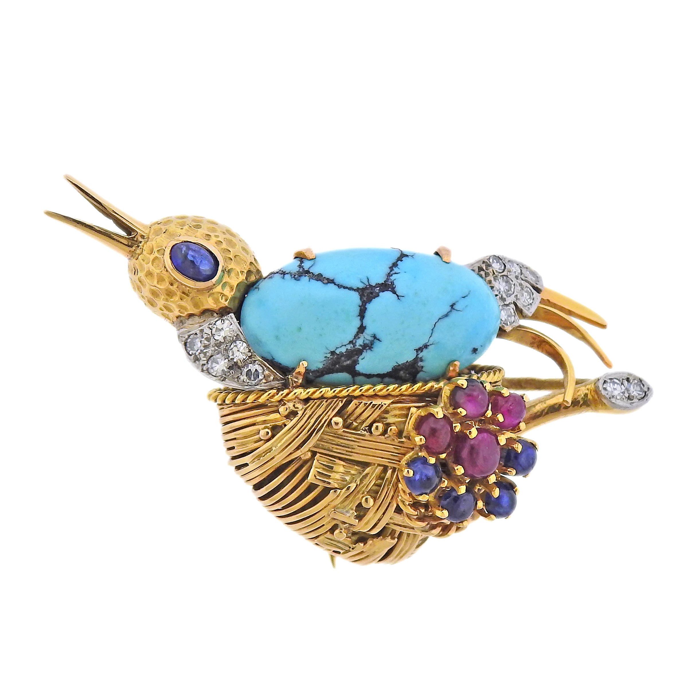 French Mid Century Diamond Ruby Sapphire Turquoise Gold Bird Brooch - Replica Luxury Handbag Store