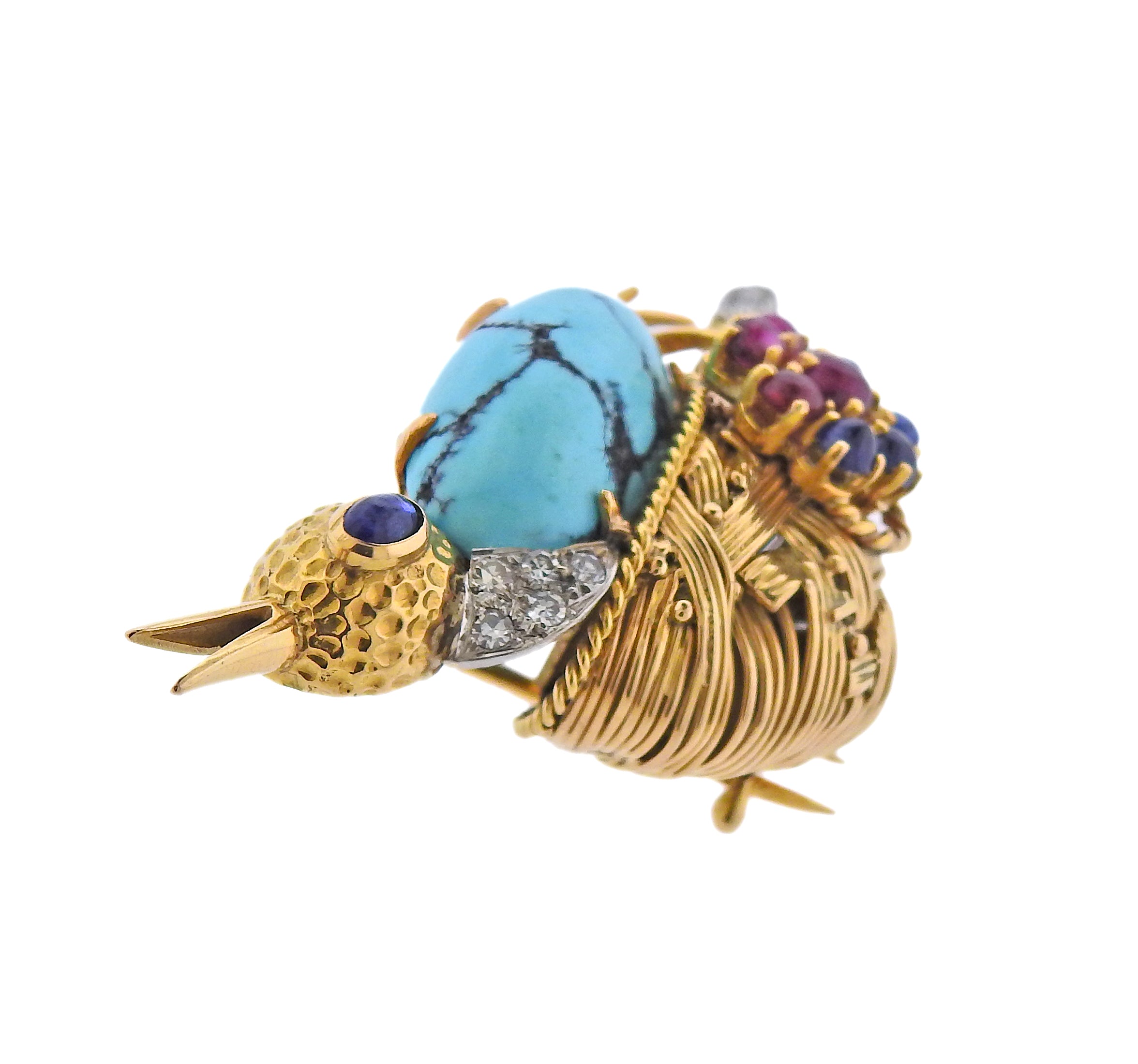 French Mid Century Diamond Ruby Sapphire Turquoise Gold Bird Brooch - Replica Luxury Handbag Store