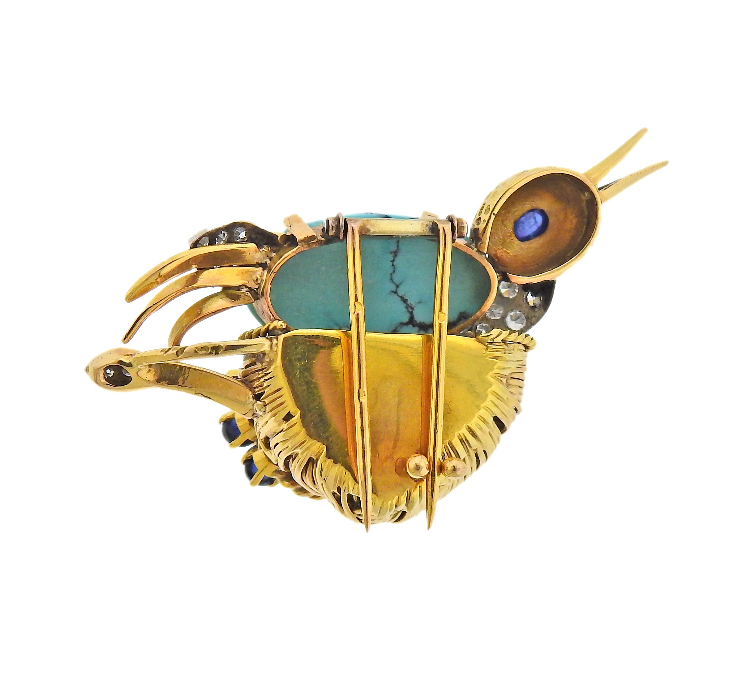 French Mid Century Diamond Ruby Sapphire Turquoise Gold Bird Brooch - Replica Luxury Handbag Store