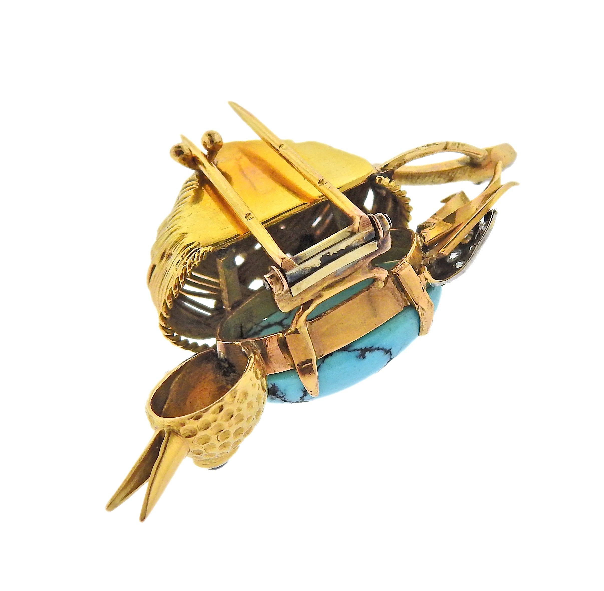 French Mid Century Diamond Ruby Sapphire Turquoise Gold Bird Brooch - Replica Luxury Handbag Store